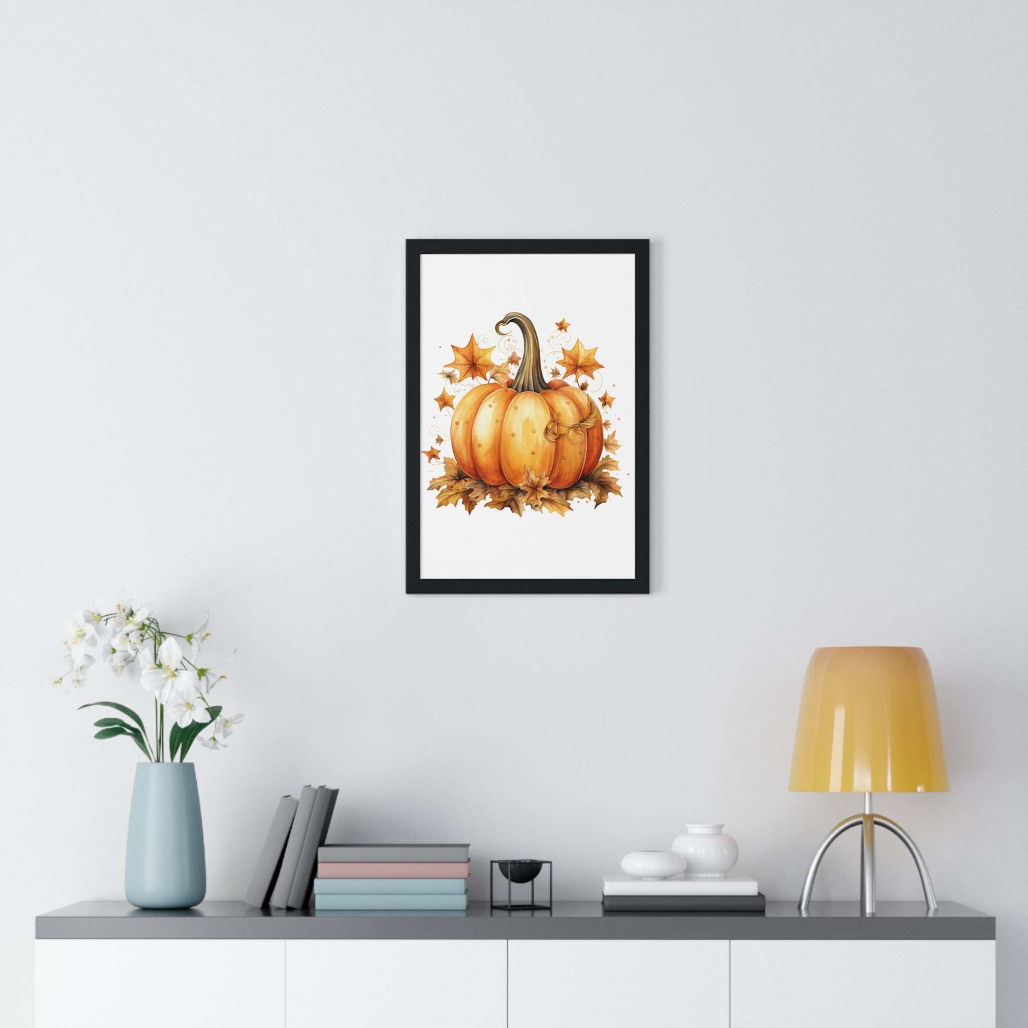 Decorative Autumn Pumpkin Wall Art – Bow-Tied Harvest Poster with Leaves & Swirls | Wooden Frame Fall Decor