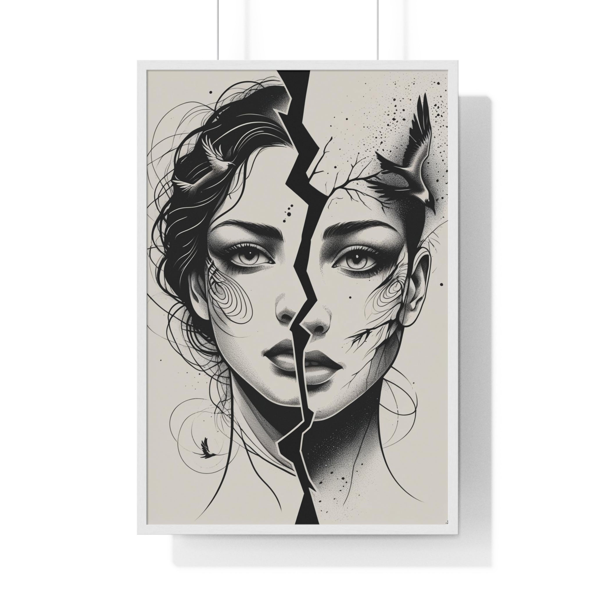 Vertical Framed Poster, Women Split Face Home Decor Art Modern Wall Unique Gift Inspirational Artwork, Wall Hanging Art Print