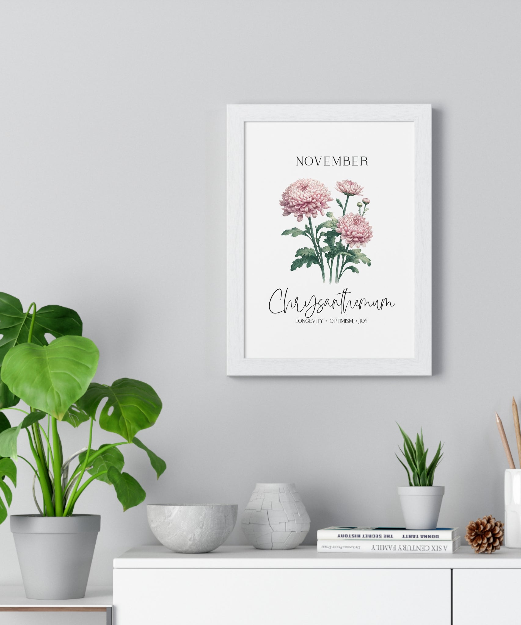 November Birth Month Flower Wall Art – Chrysanthemum Illustration in Wooden Frame | Longevity, Optimism & Joy