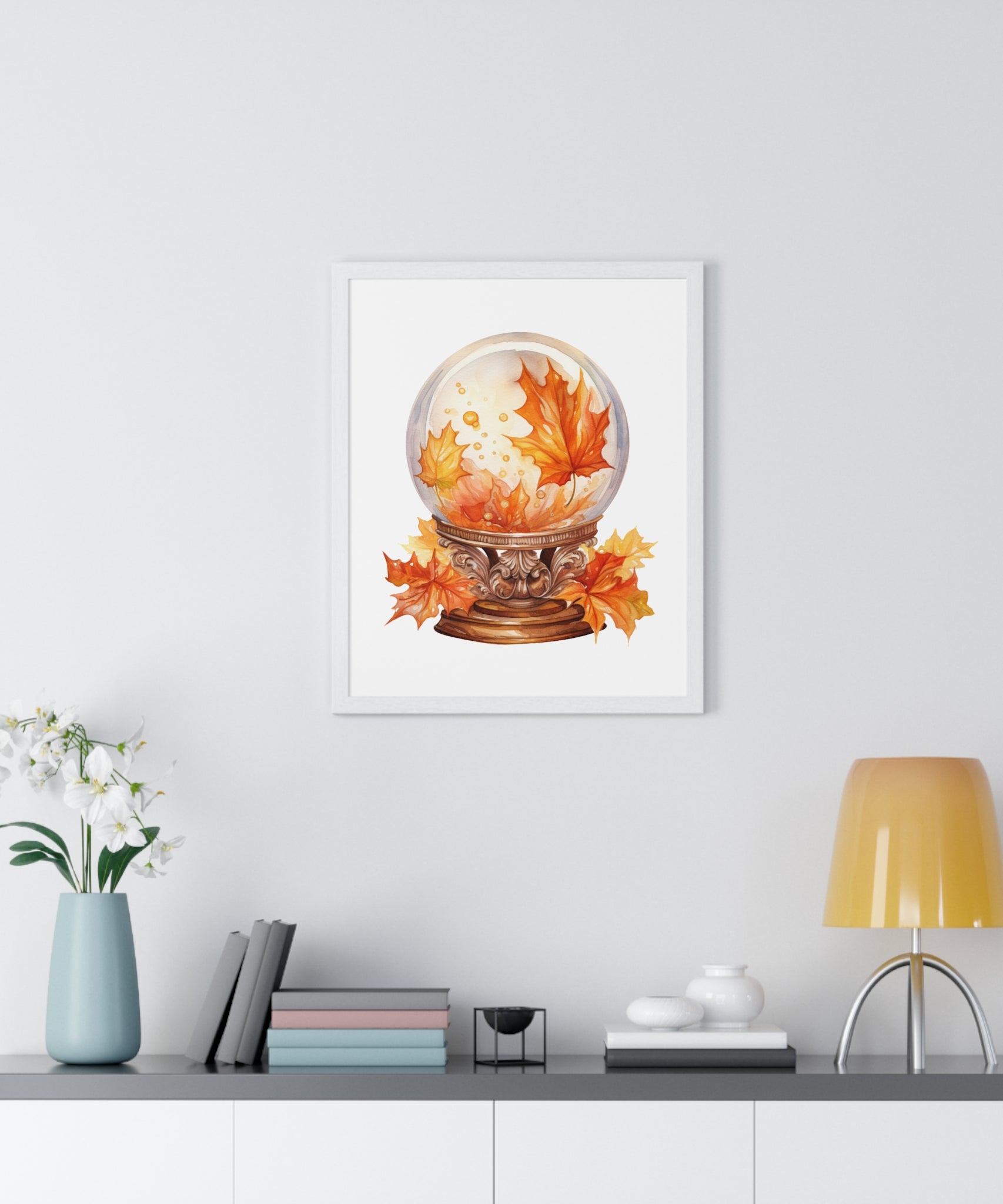 Floating Leaves Snow Globe Wall Art – Ornate Autumn Fantasy Poster | Wooden Frame Seasonal Home Decor