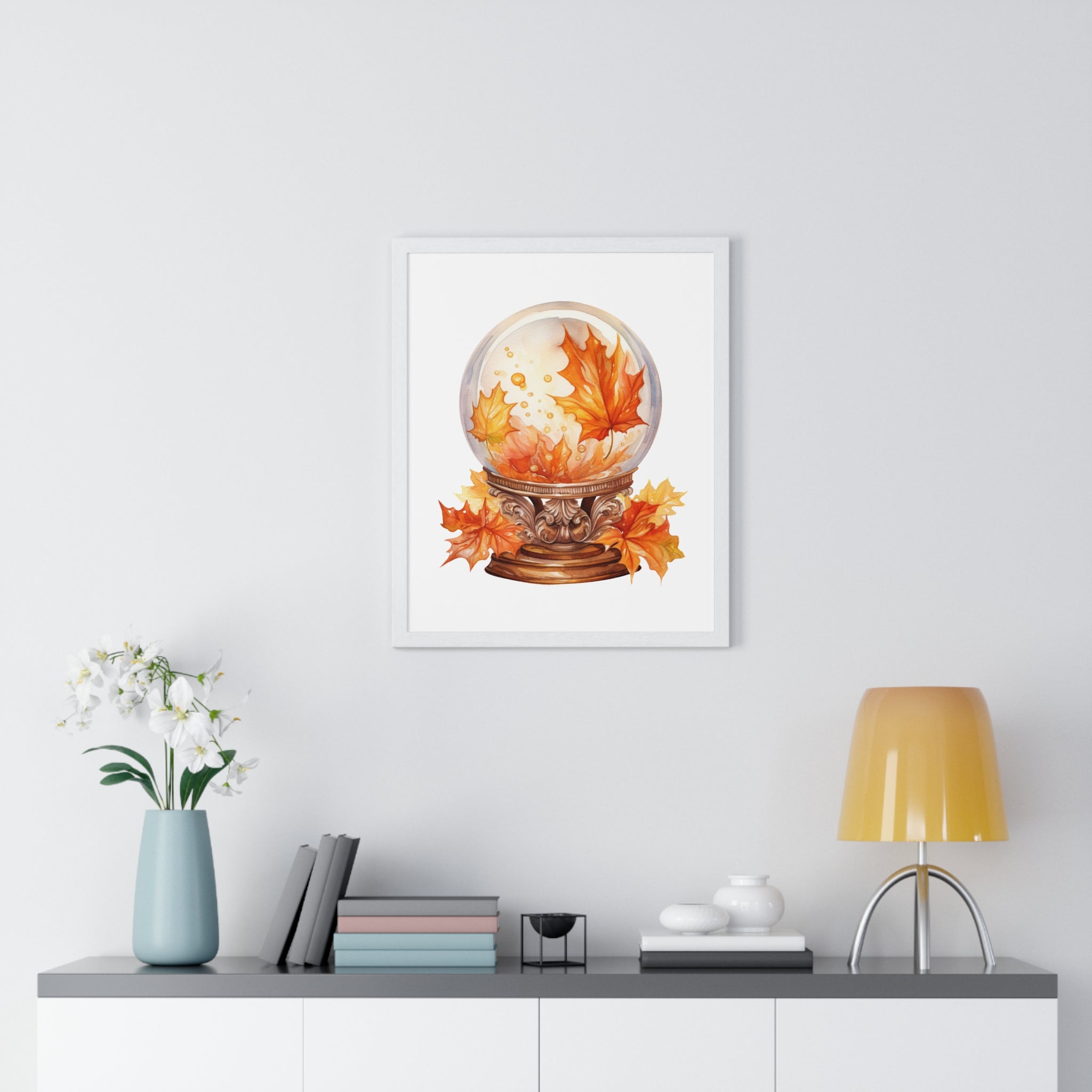 Floating Leaves Snow Globe Wall Art – Ornate Autumn Fantasy Poster | Wooden Frame Seasonal Home Decor