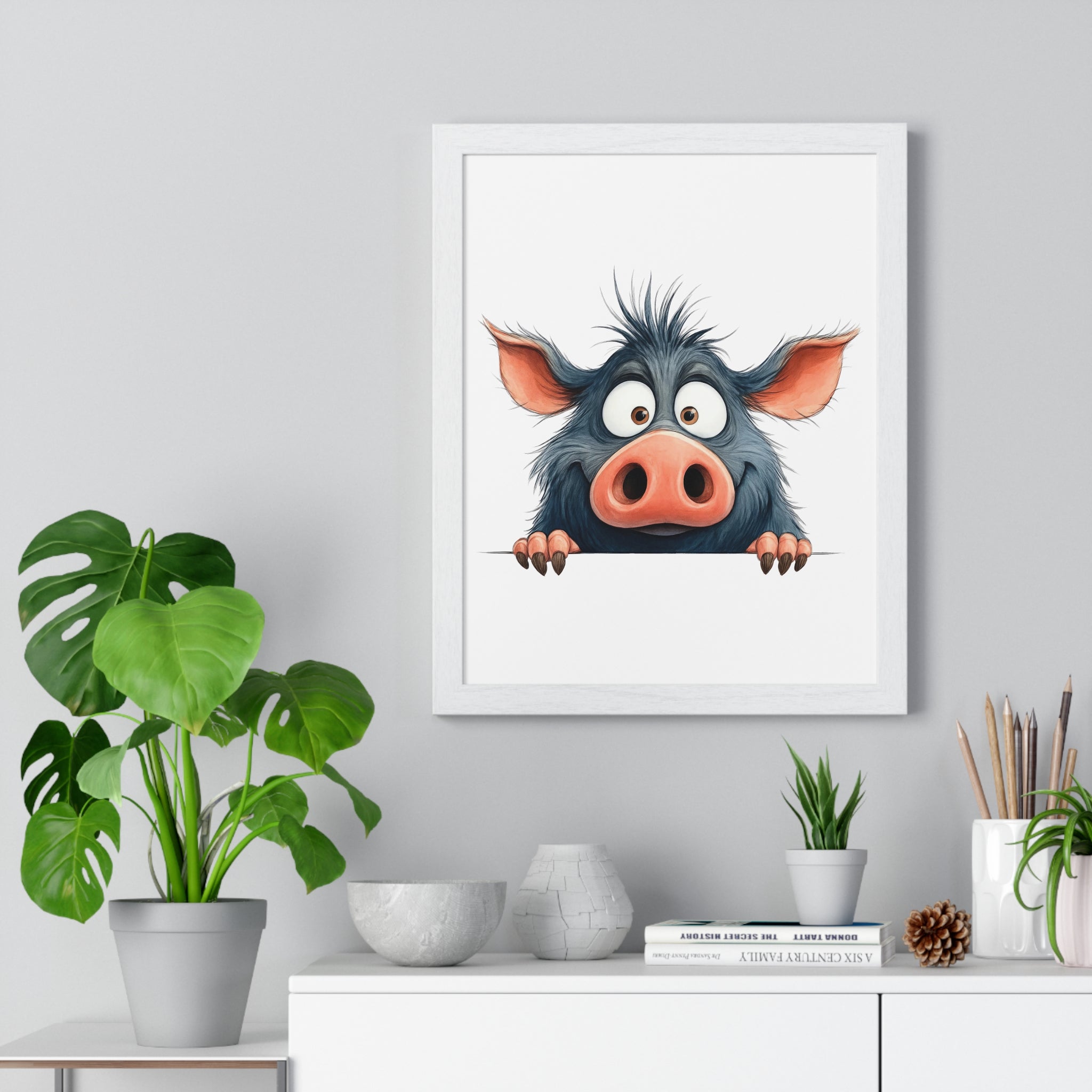 Wooden Frame Wall Decor with Quirky Monster Print