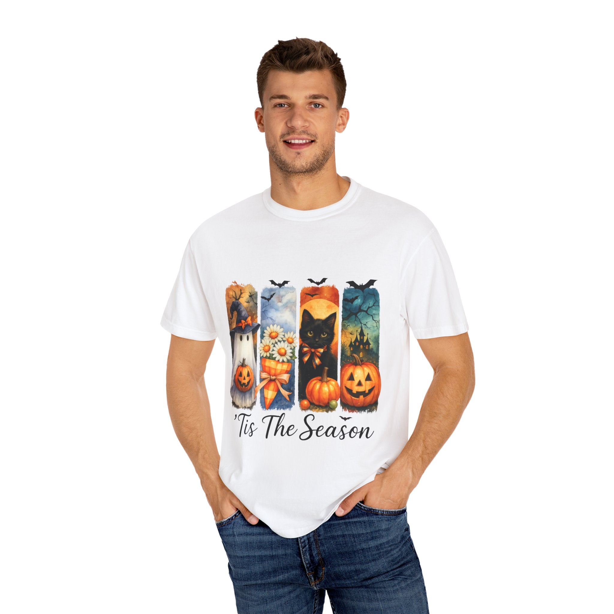 Whimsical Halloween T-Shirt – Ghost, Black Cat, Pumpkins & Haunted House Design