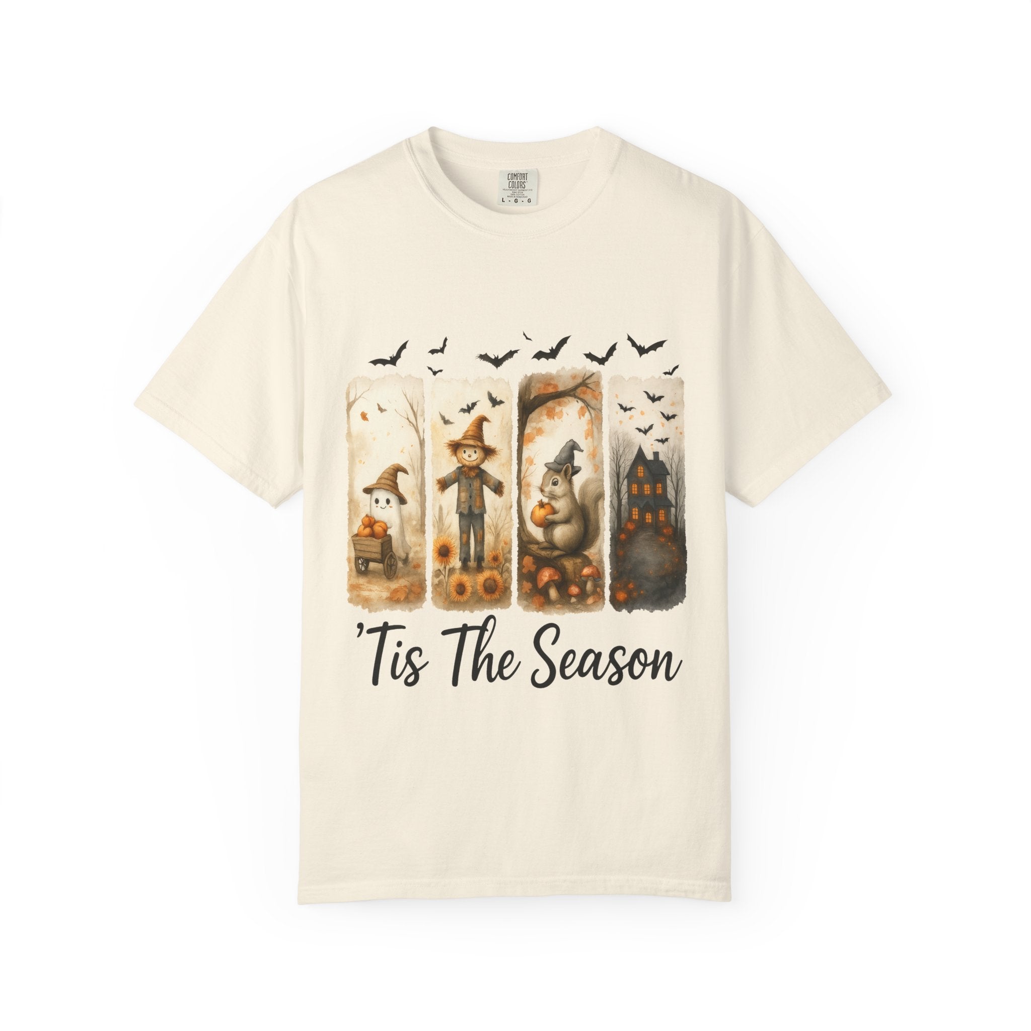 Tis The Season Fall Halloween T-Shirt – Cute Ghost, Scarecrow, Squirrel & Haunted House Design