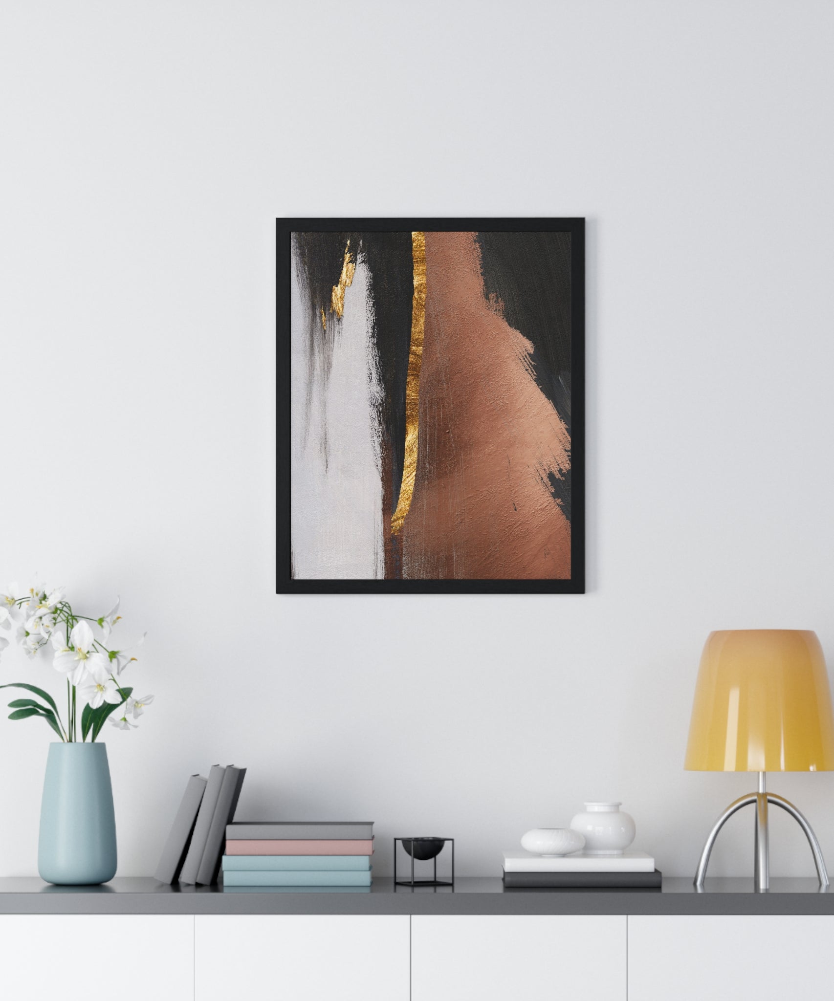 Modern Abstract Wall Art – Bold Black, Copper & Gold Textured Poster on Wooden Frame – Luxury Canvas Print for Home or Office