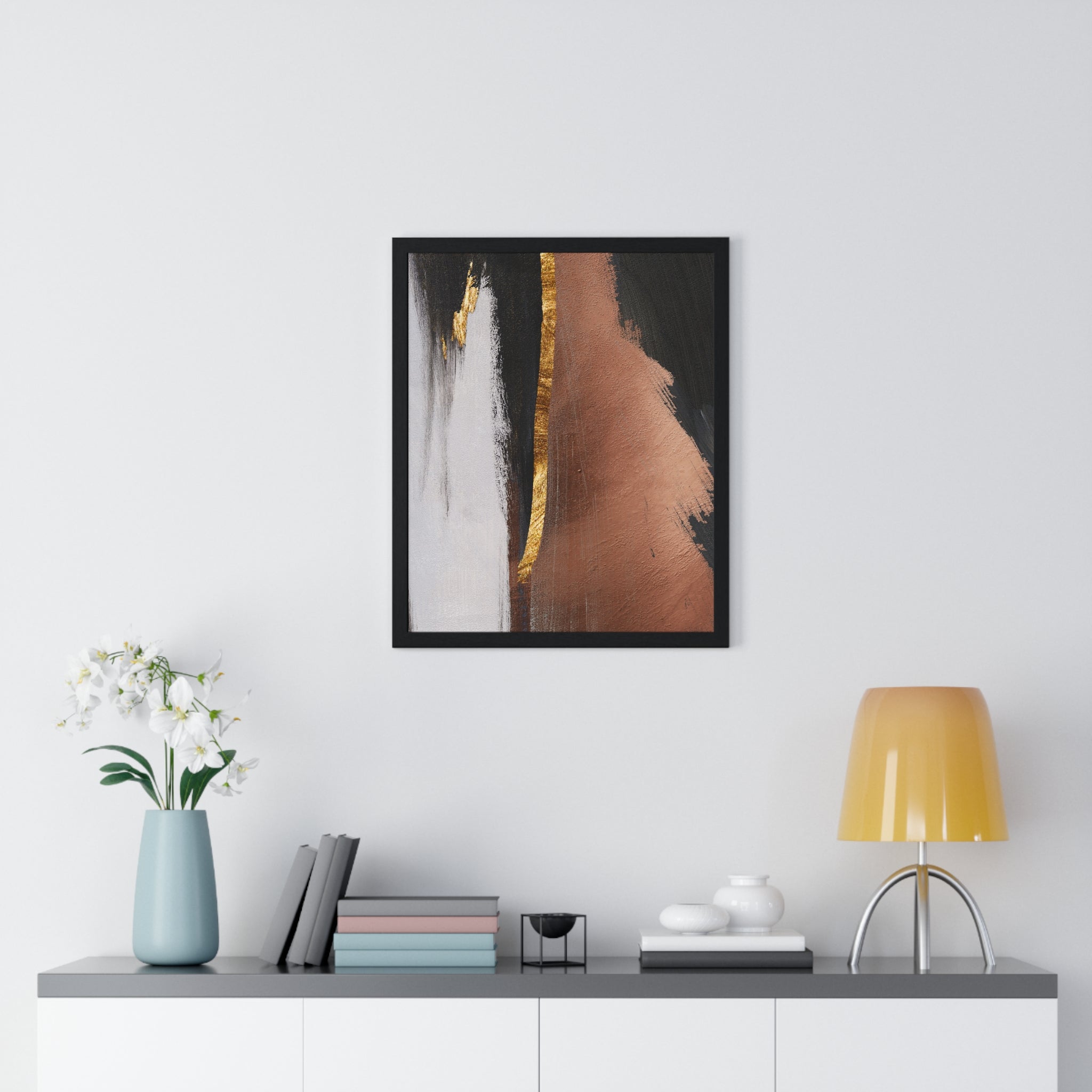 Modern Abstract Wall Art – Bold Black, Copper & Gold Textured Poster on Wooden Frame – Luxury Canvas Print for Home or Office