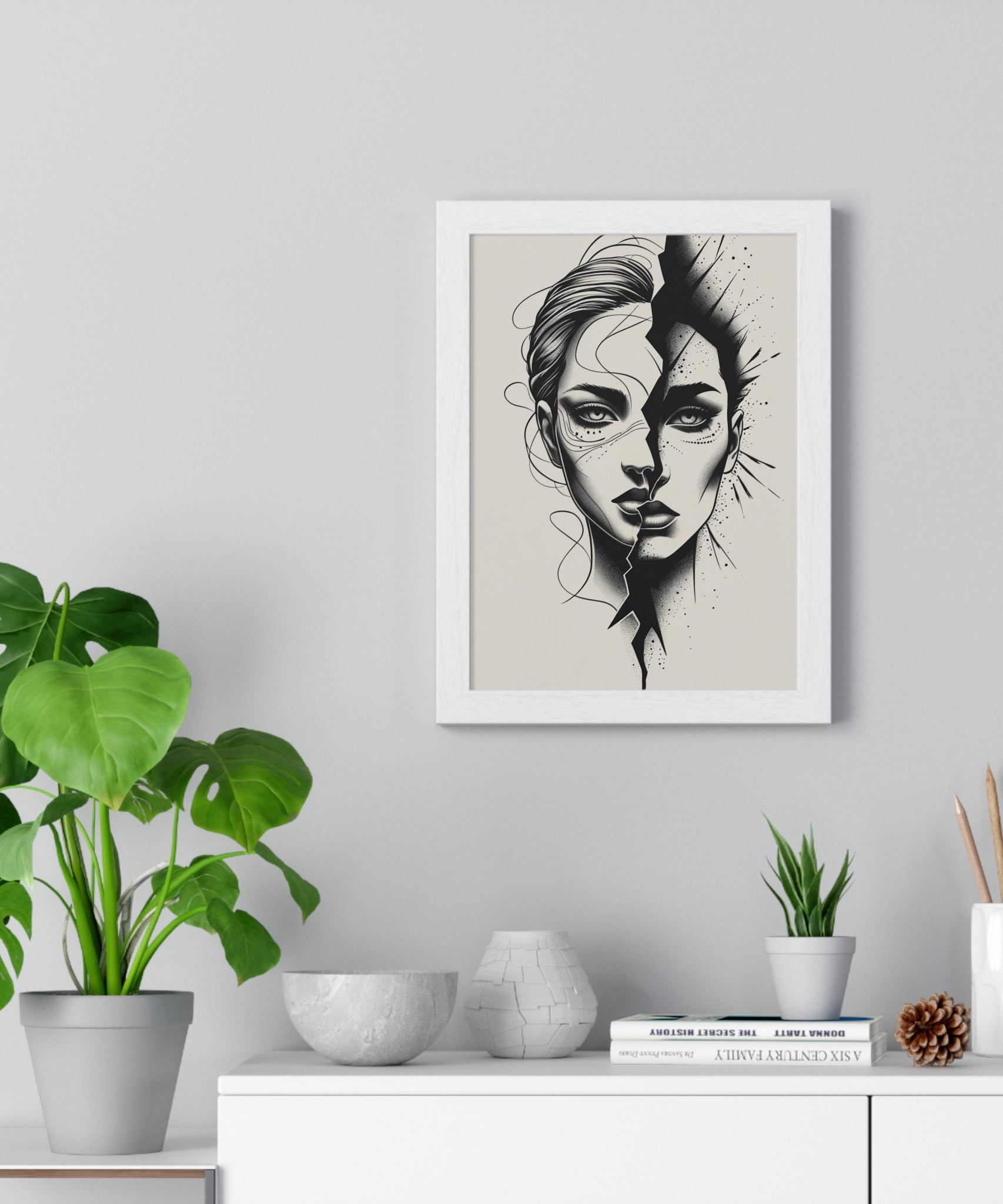 Framed Art Print, Modern Wall Decor, Home Office Gift, Minimalist Split Face Poster, Stylish Artwork - Gallory Hive