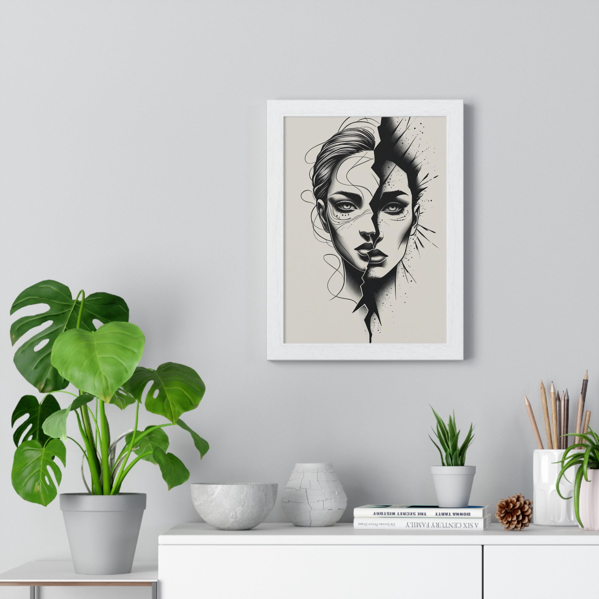 Framed Art Print, Modern Wall Decor, Home Office Gift, Minimalist Split Face Poster, Stylish Artwork
