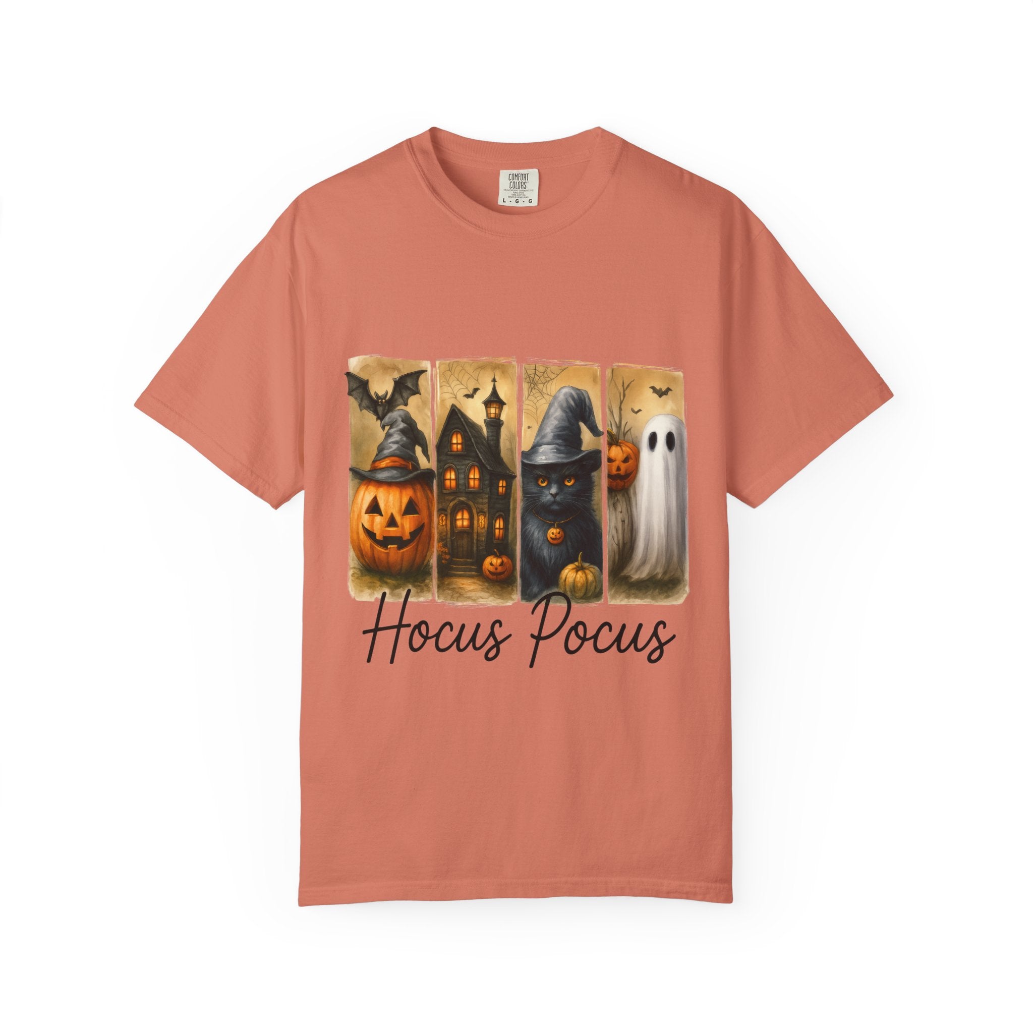 Hocus Pocus Halloween Unisex T-Shirt – Witchy Cat, Haunted House, Pumpkin & Ghost Art
