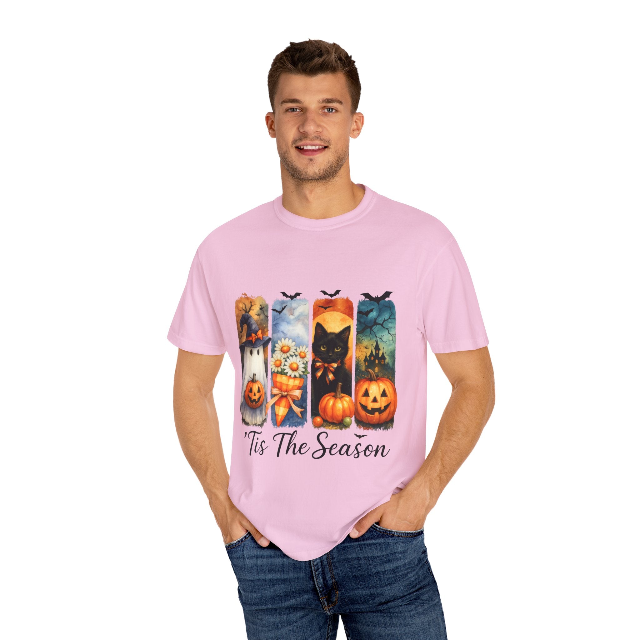 Whimsical Halloween T-Shirt – Ghost, Black Cat, Pumpkins & Haunted House Design