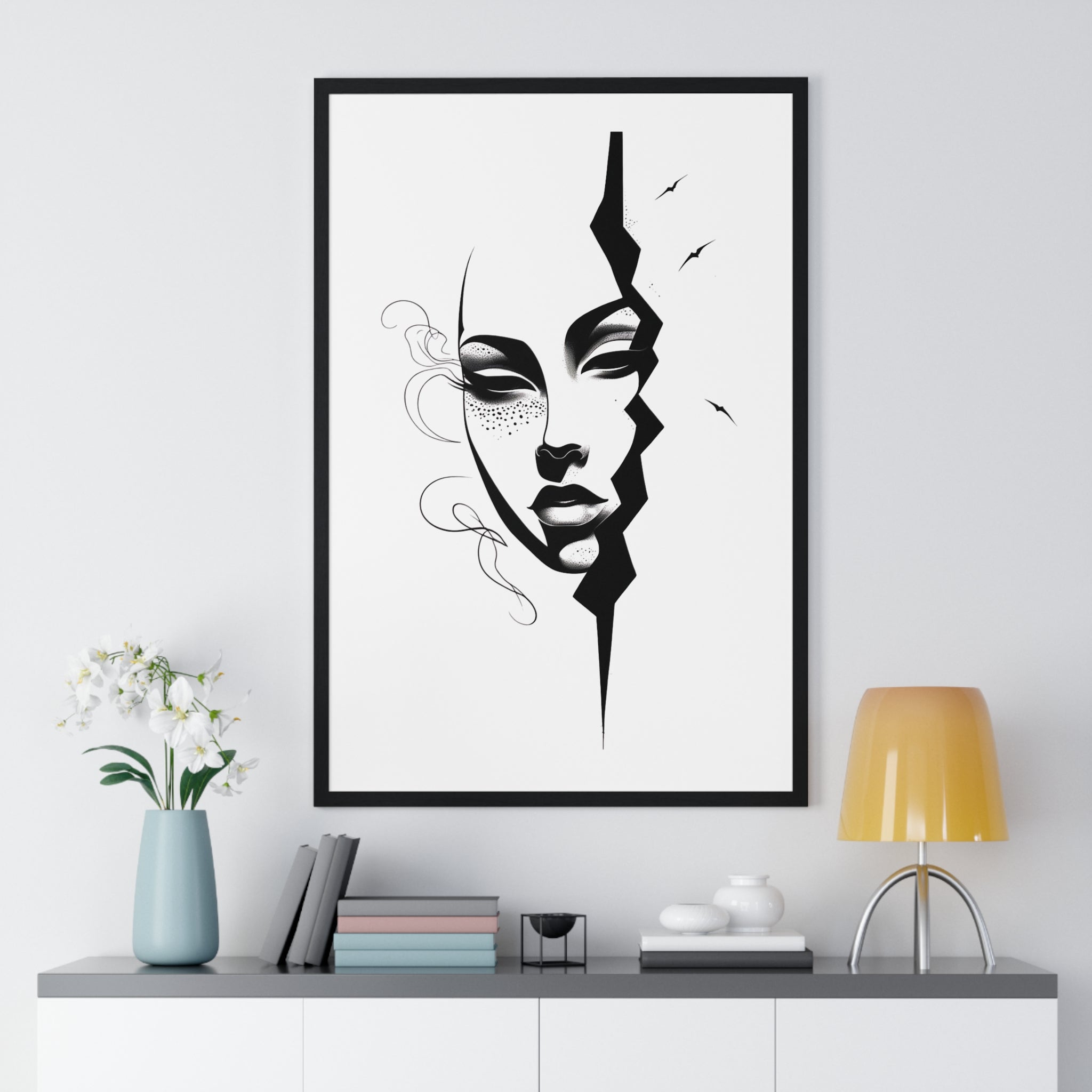 Vertical Framed Poster - Stylish Split Face Art Print | Modern Wall Decor, Home Aesthetic, Living Room Art, Unique Gift, Gallery Wall - Gallory Hive