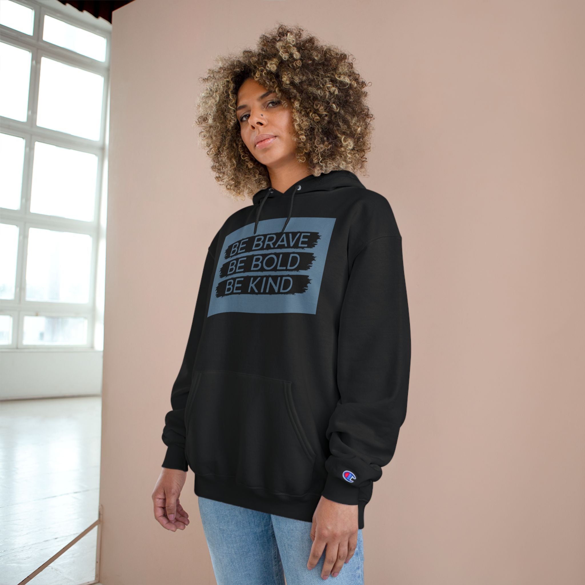 Champion Hoodie - Bold, Brave, Kind Minimalist Hand Sign Print