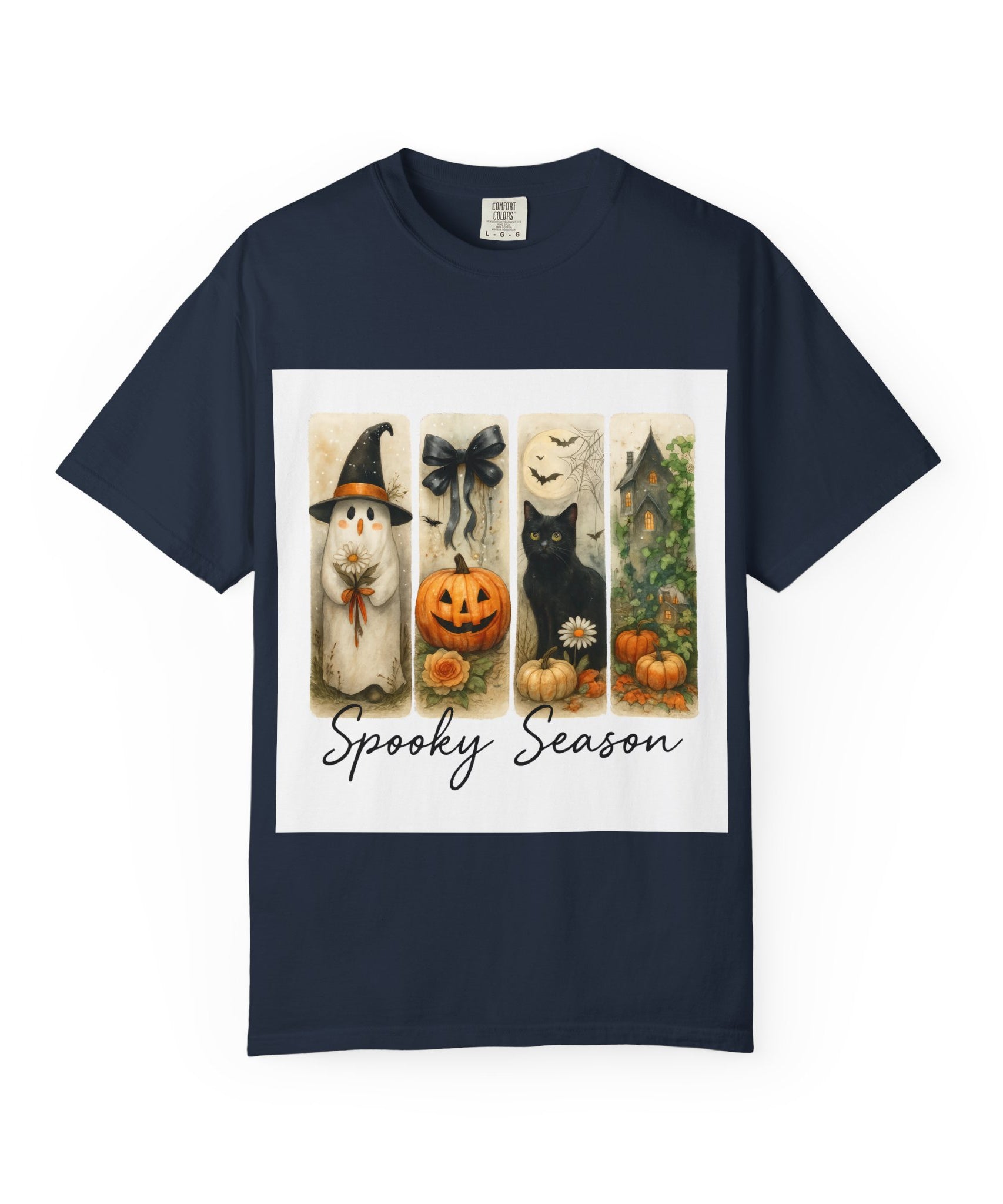 Vintage Halloween Unisex T-Shirt – Cute Ghost, Black Cat, Pumpkin & Haunted House Art - Gallory Hive