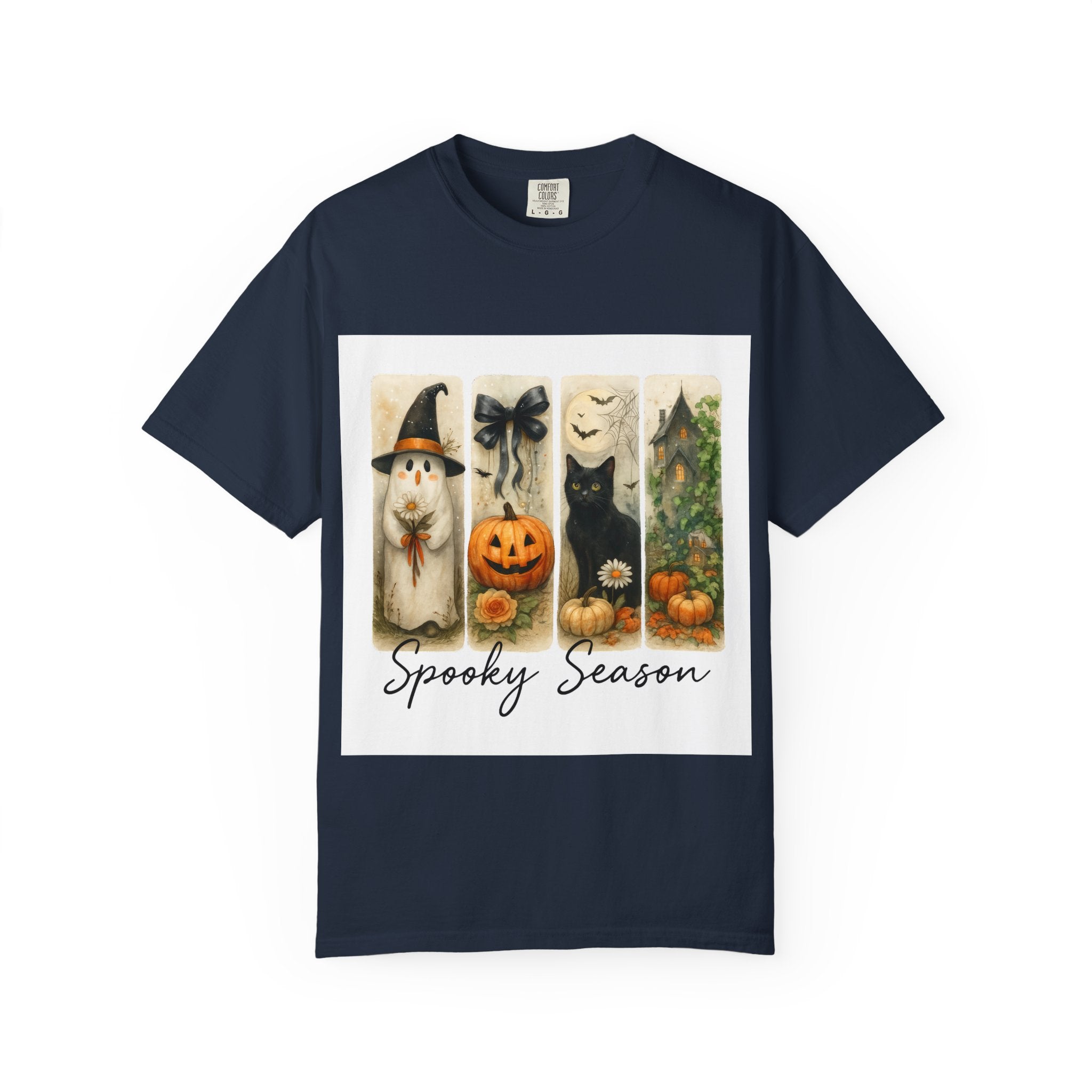 Vintage Halloween Unisex T-Shirt – Cute Ghost, Black Cat, Pumpkin & Haunted House Art
