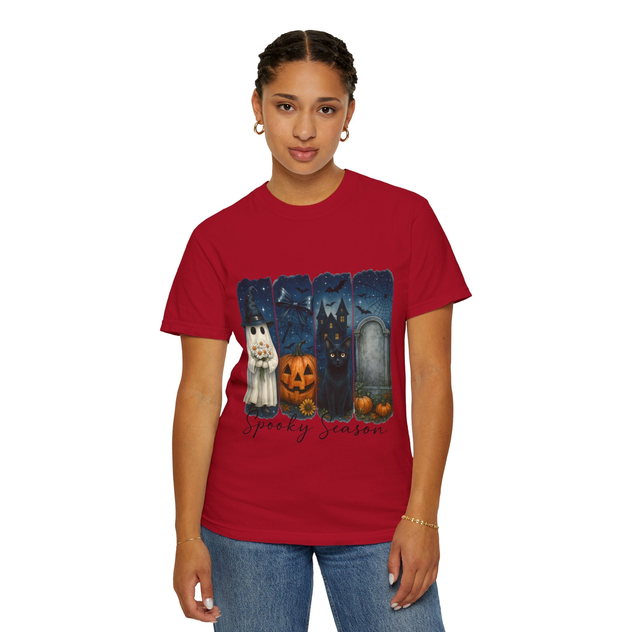 Spooky Season Halloween T-Shirt – Ghost, Black Cat, Pumpkin & Haunted House Design