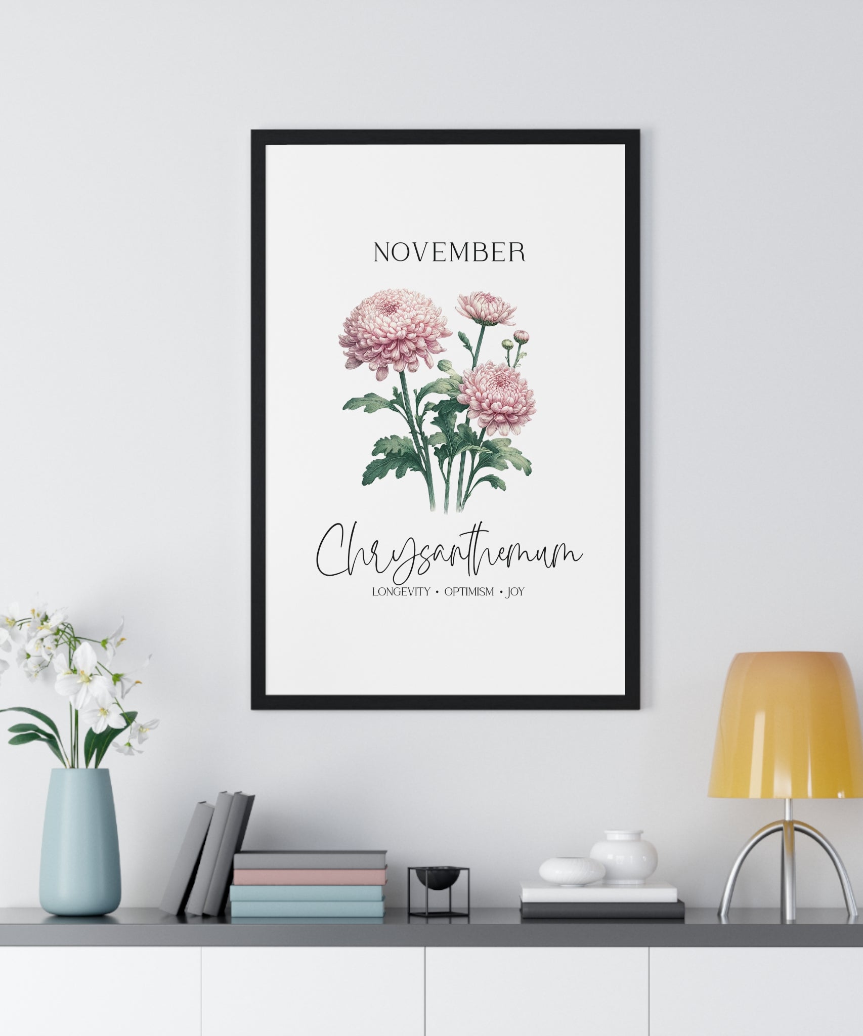 November Birth Month Flower Wall Art – Chrysanthemum Illustration in Wooden Frame | Longevity, Optimism & Joy