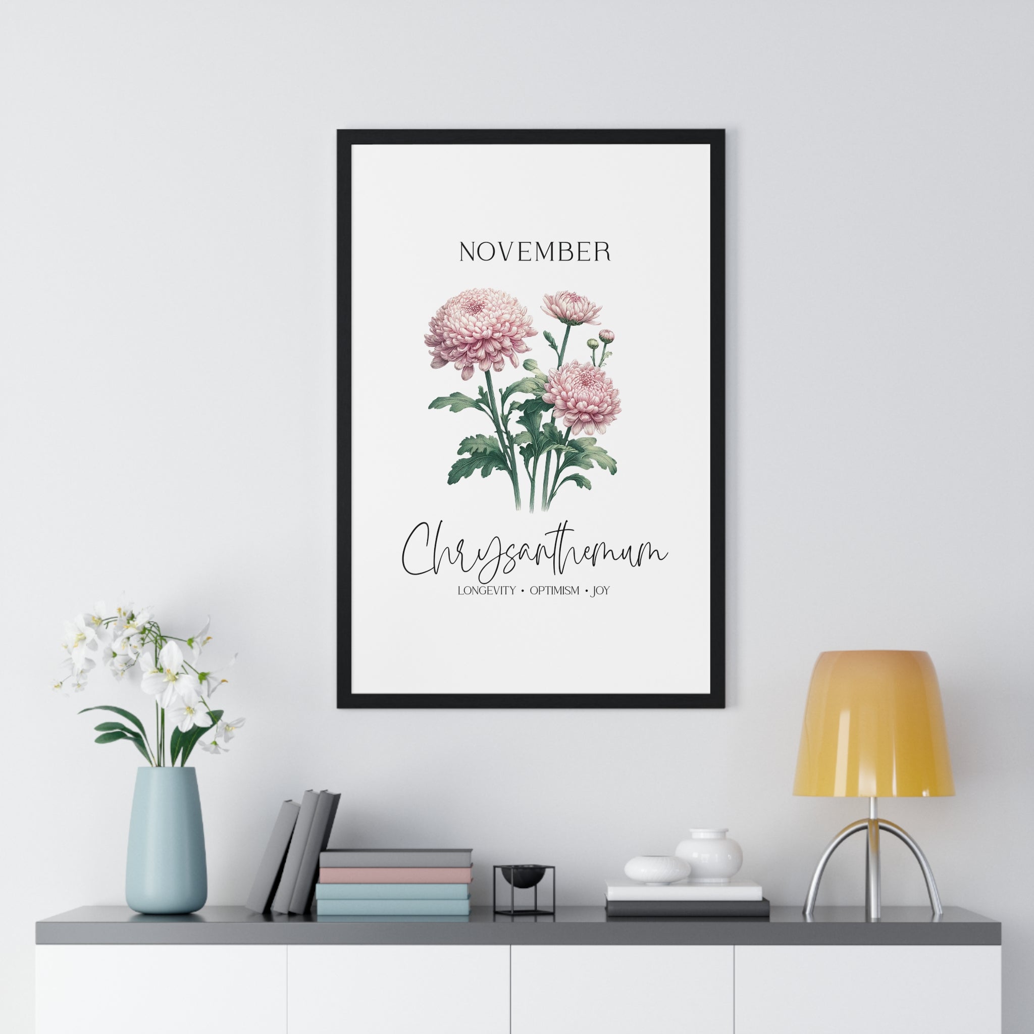 November Birth Month Flower Wall Art – Chrysanthemum Illustration in Wooden Frame | Longevity, Optimism & Joy