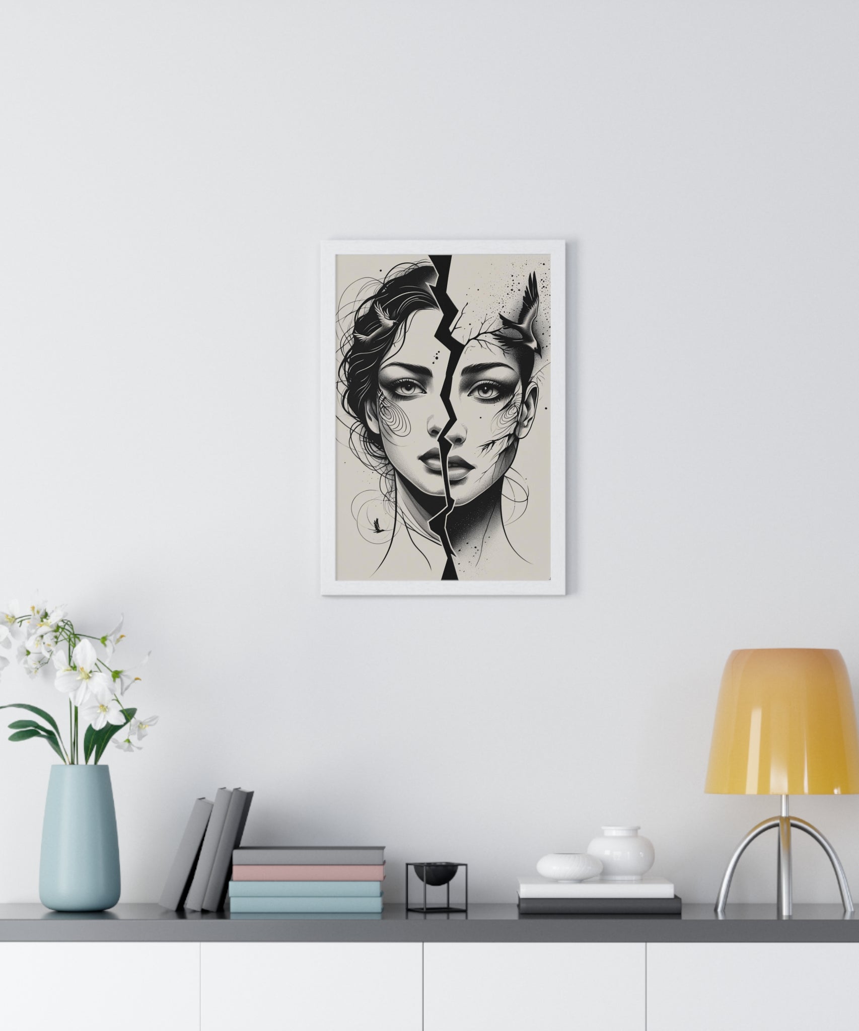 Vertical Framed Poster, Women Split Face Home Decor Art Modern Wall Unique Gift Inspirational Artwork, Wall Hanging Art Print - Gallory Hive