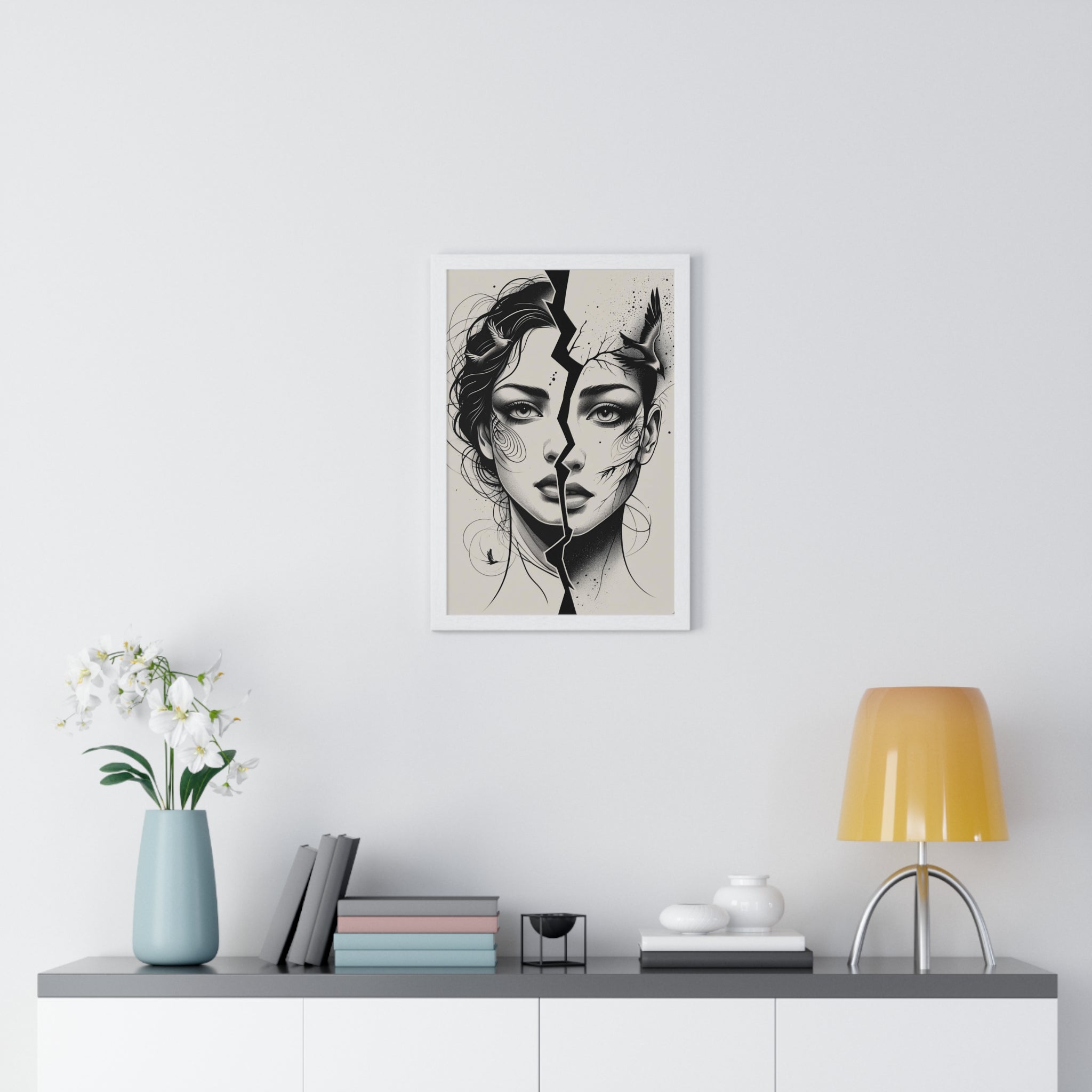 Vertical Framed Poster, Women Split Face Home Decor Art Modern Wall Unique Gift Inspirational Artwork, Wall Hanging Art Print - Gallory Hive