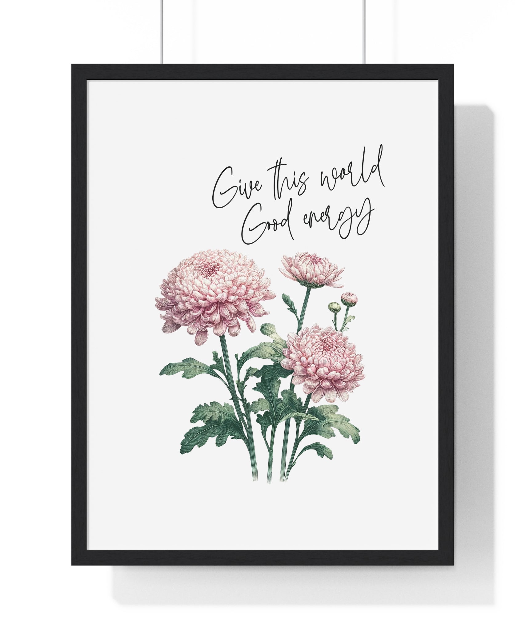 November Birth Month Flower Wall Art – Chrysanthemum Illustration with Inspirational Quote in Wooden Frame | Good Energy & Joy