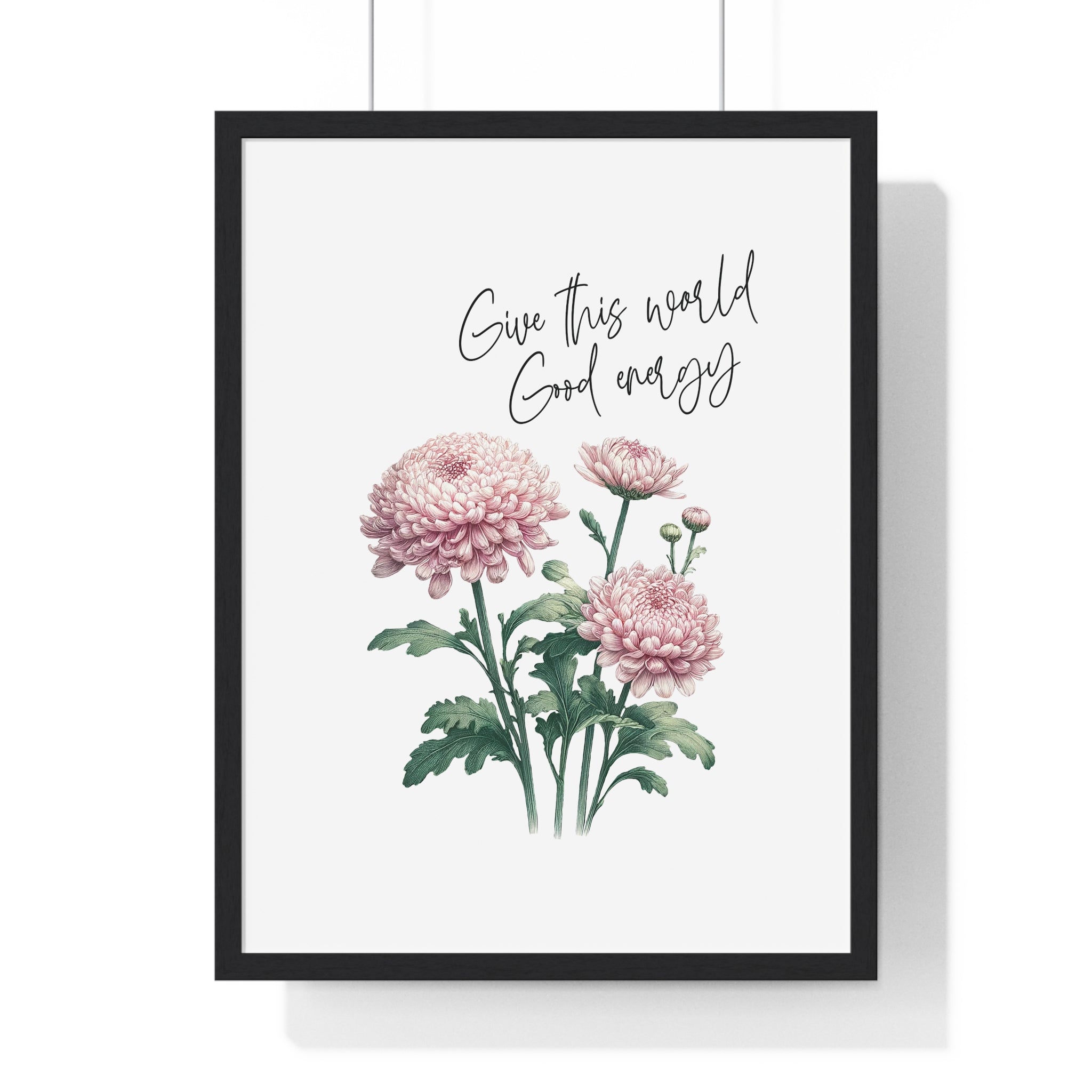 November Birth Month Flower Wall Art – Chrysanthemum Illustration with Inspirational Quote in Wooden Frame | Good Energy & Joy