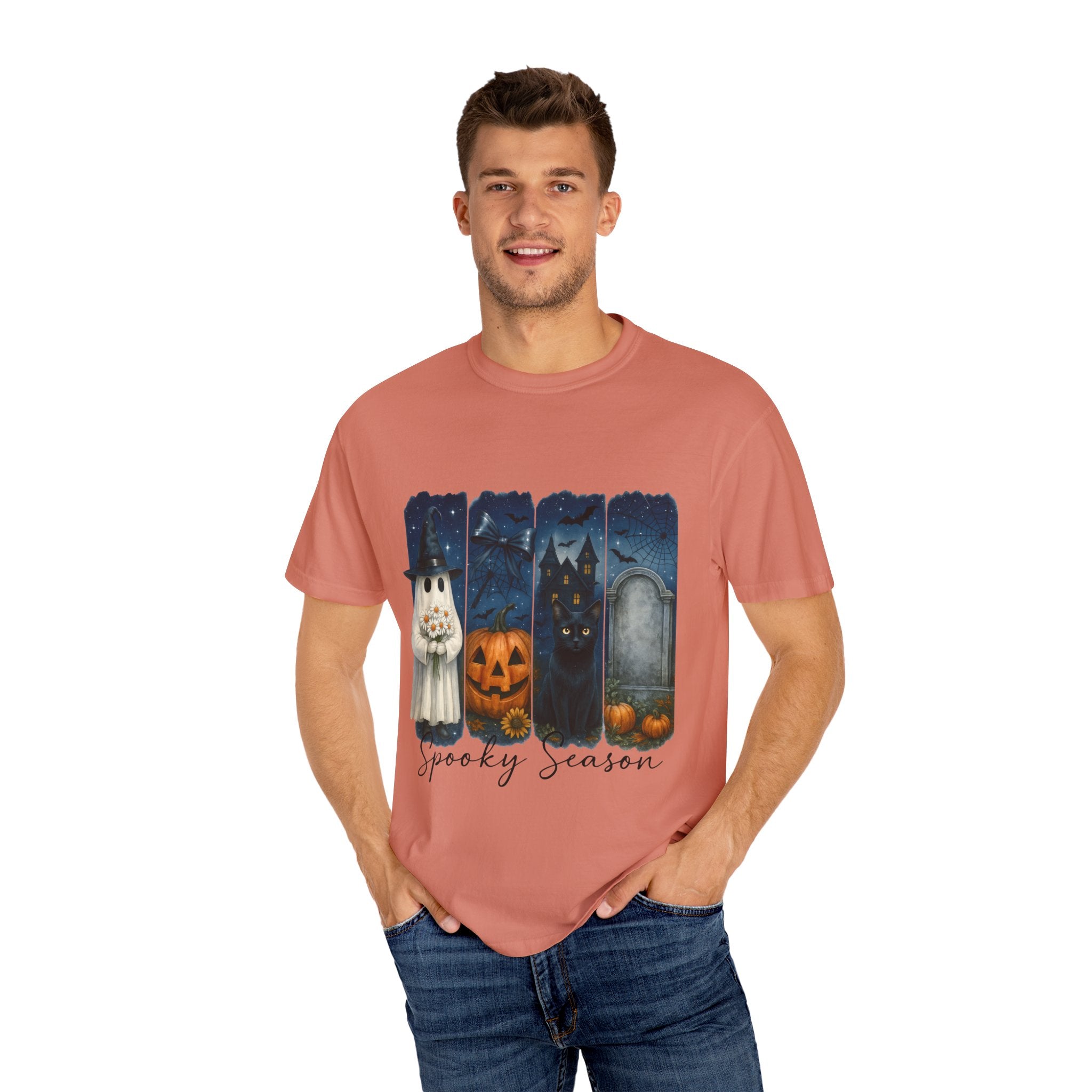 Spooky Season Halloween T-Shirt – Ghost, Black Cat, Pumpkin & Haunted House Design