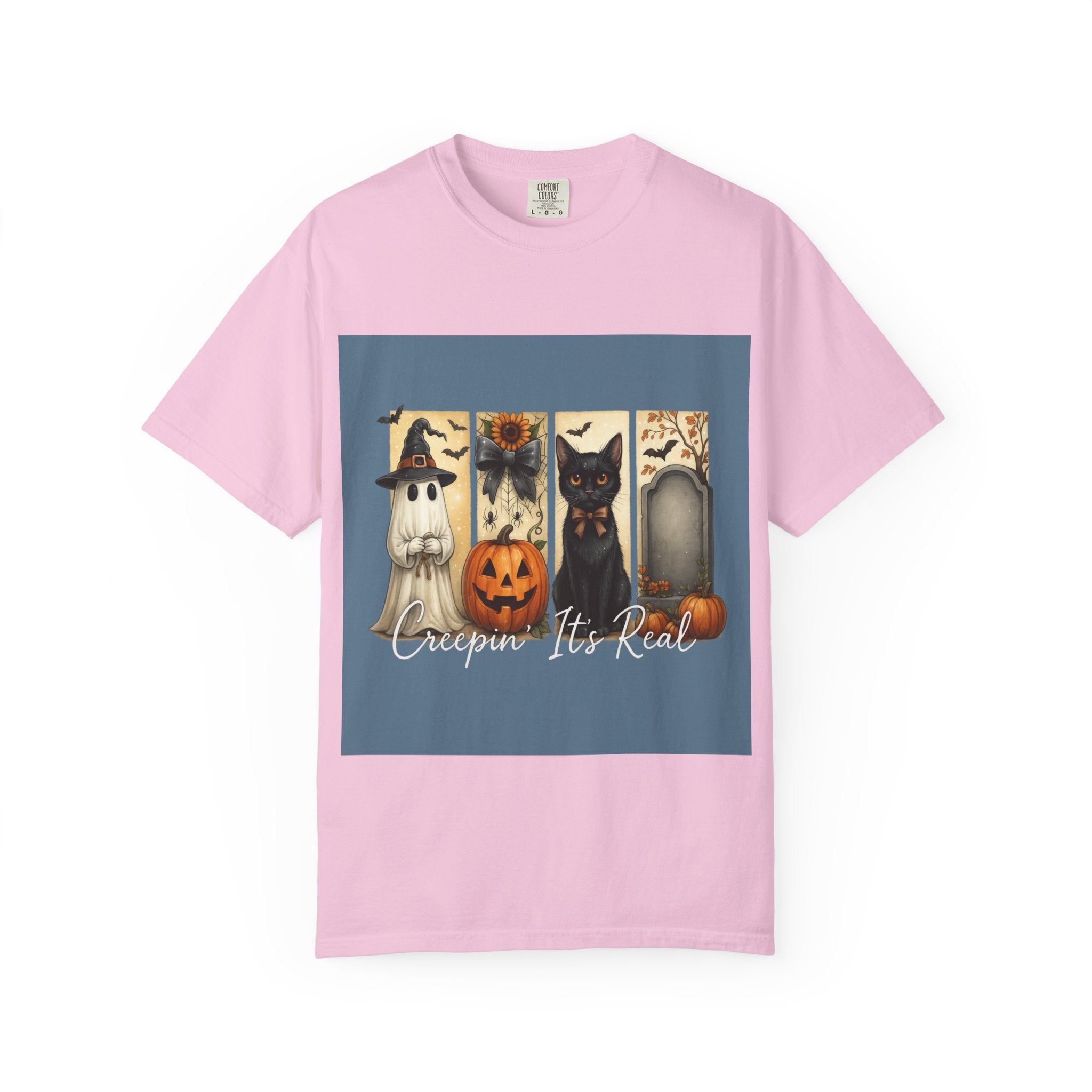 Creepin’ It’s Real Halloween T-Shirt – Cute Ghost, Pumpkin, Black Cat & Tombstone Design