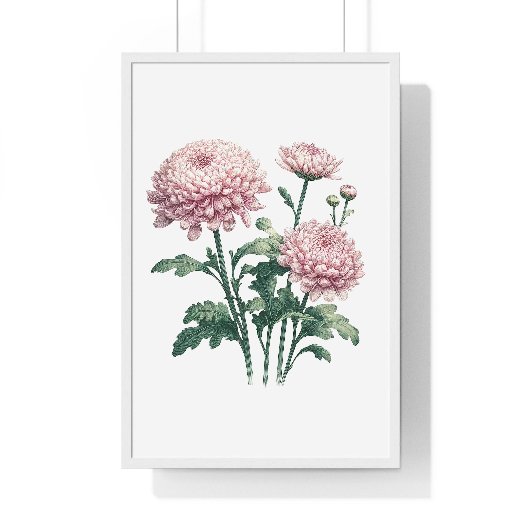 November Birth Month Flower Wall Art – Pink Chrysanthemum Illustration in Wooden Frame | Loyalty, Love & Joy