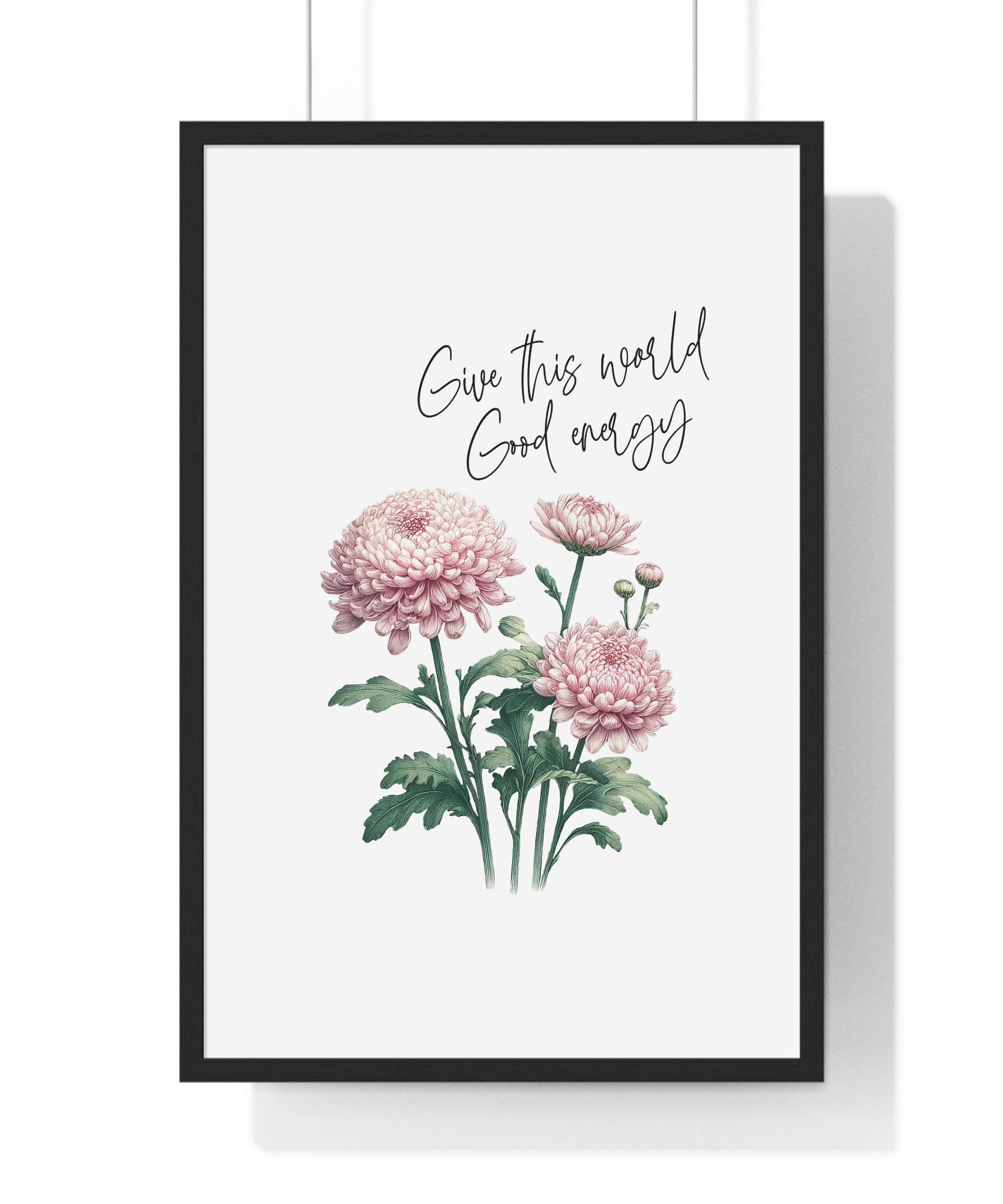 November Birth Month Flower Wall Art – Chrysanthemum Illustration with Inspirational Quote in Wooden Frame | Good Energy & Joy