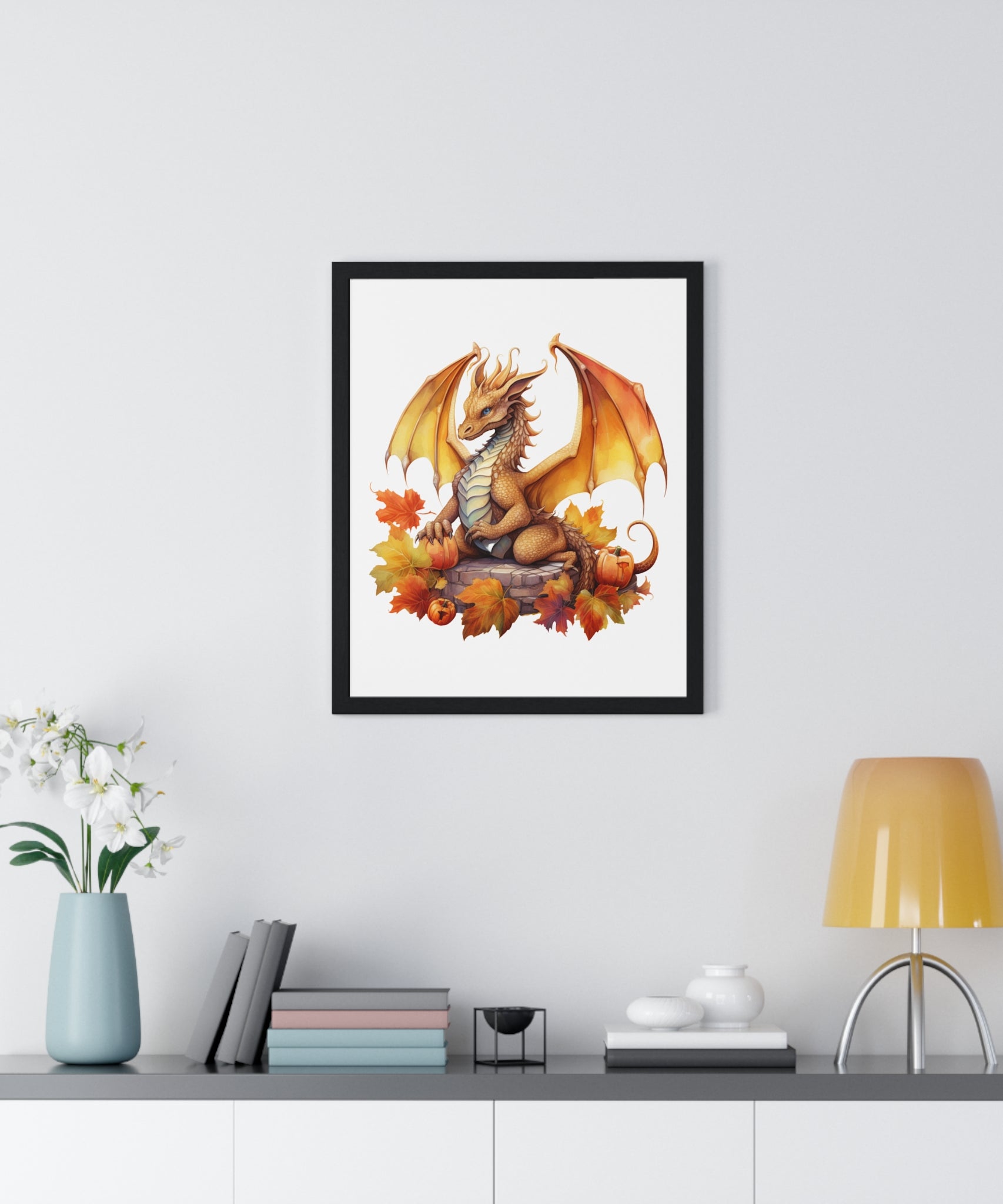 Autumn Dragon Wall Art – Fantasy Fall Decor with Pumpkins