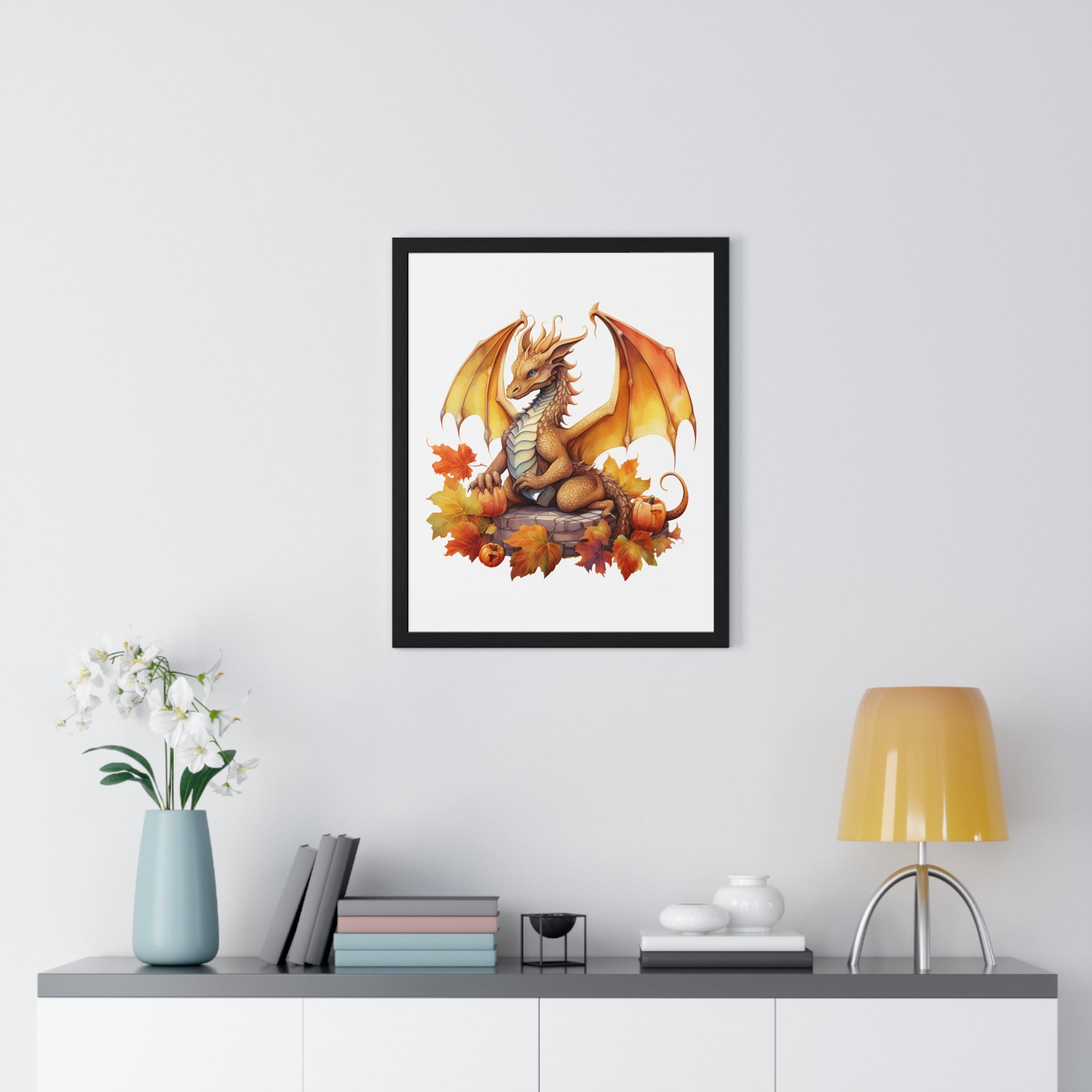 Autumn Dragon Wall Art – Fantasy Fall Decor with Pumpkins