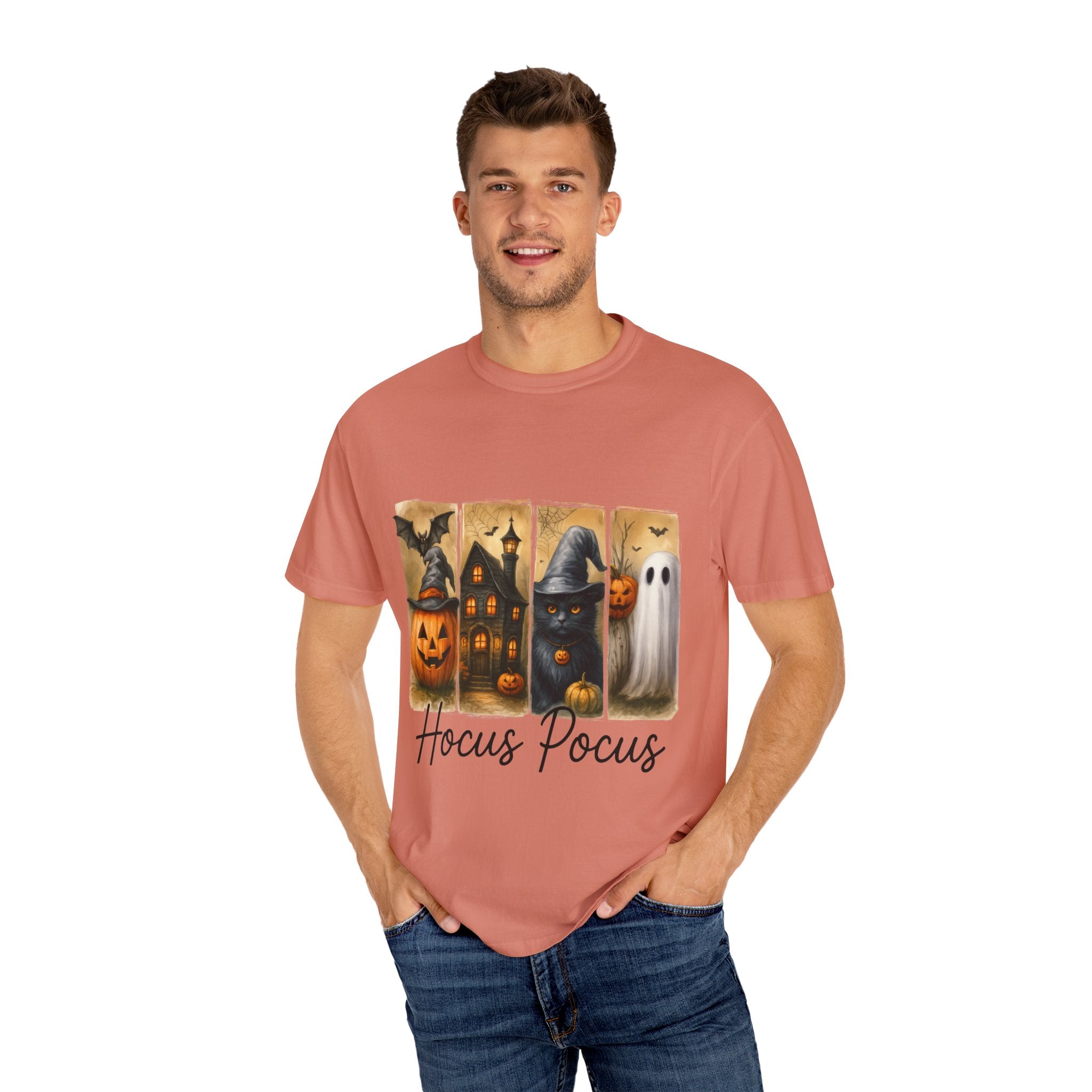 Hocus Pocus Halloween Unisex T-Shirt – Witchy Cat, Haunted House, Pumpkin & Ghost Art - Gallory Hive