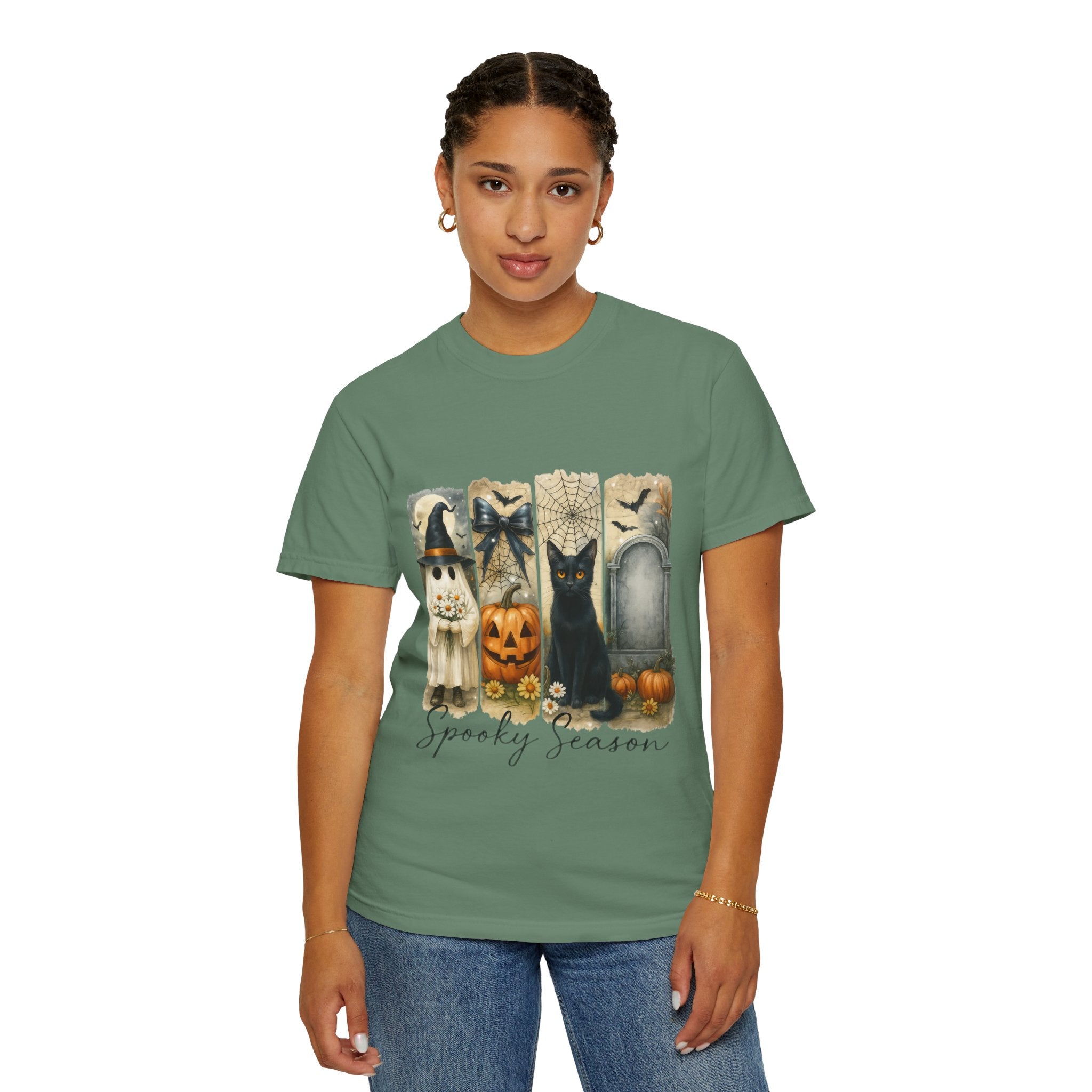Spooky Season Halloween Unisex T-Shirt – Ghost, Black Cat & Pumpkin Design