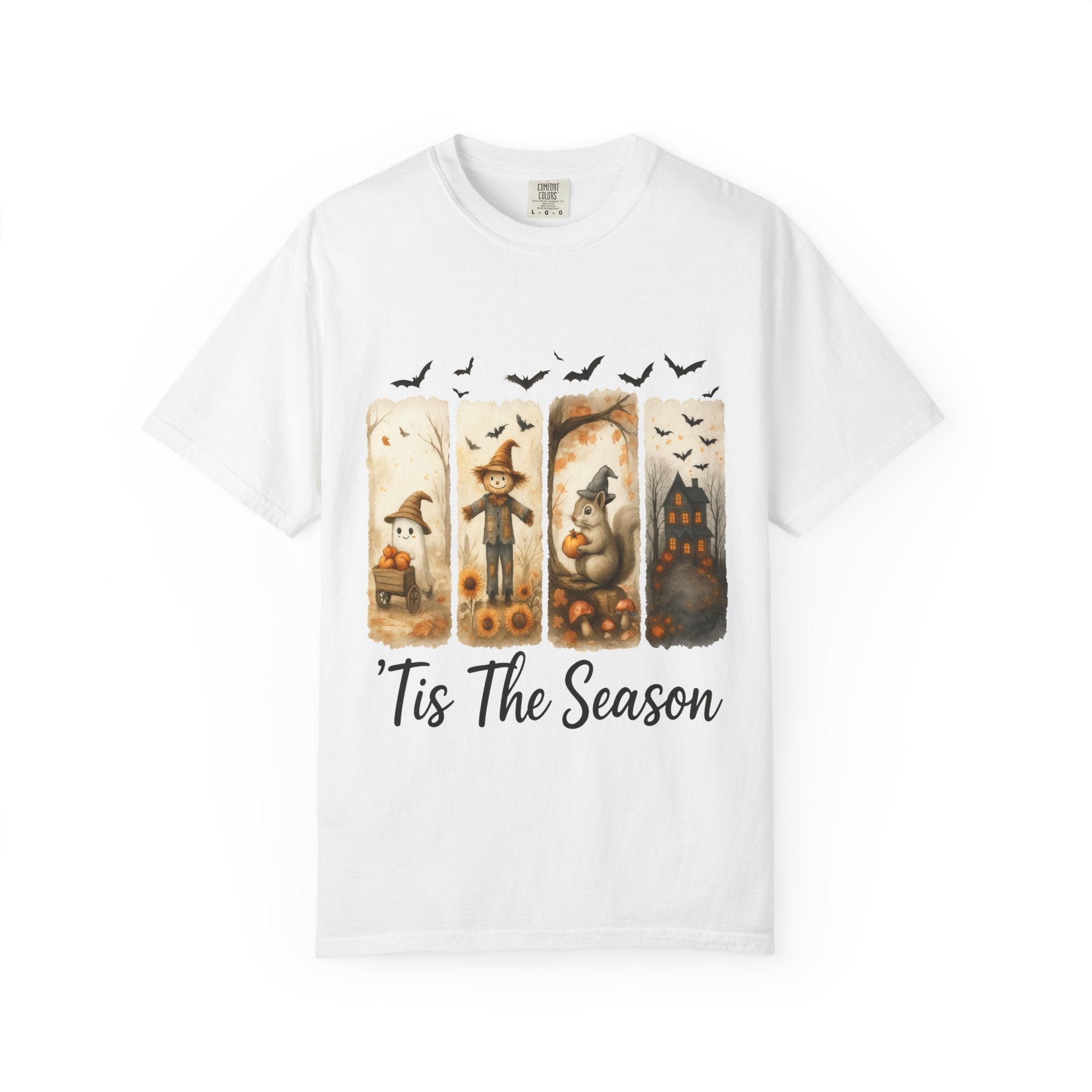 Tis The Season Fall Halloween T-Shirt – Cute Ghost, Scarecrow, Squirrel & Haunted House Design