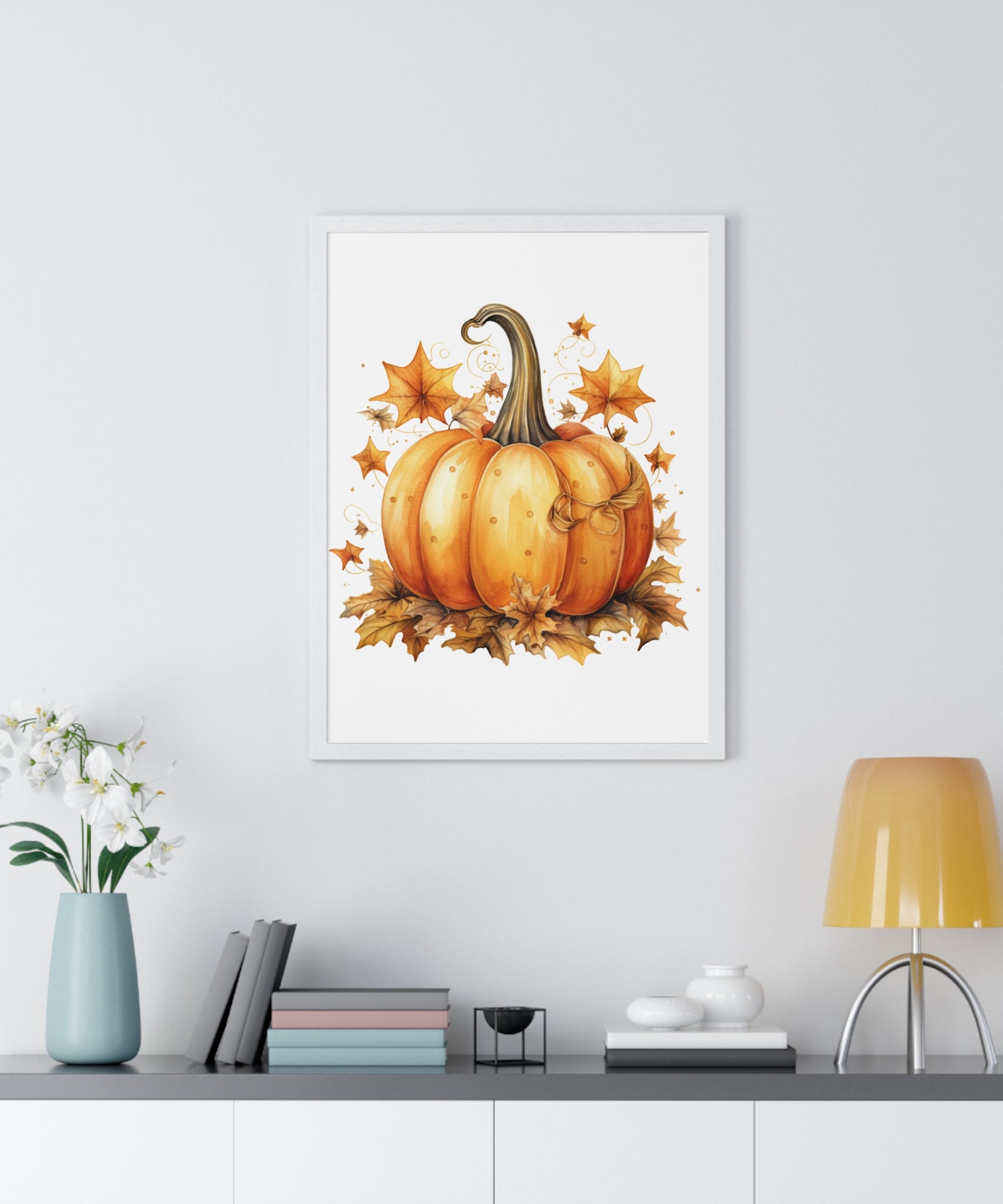 Decorative Autumn Pumpkin Wall Art – Bow-Tied Harvest Poster with Leaves & Swirls | Wooden Frame Fall Decor