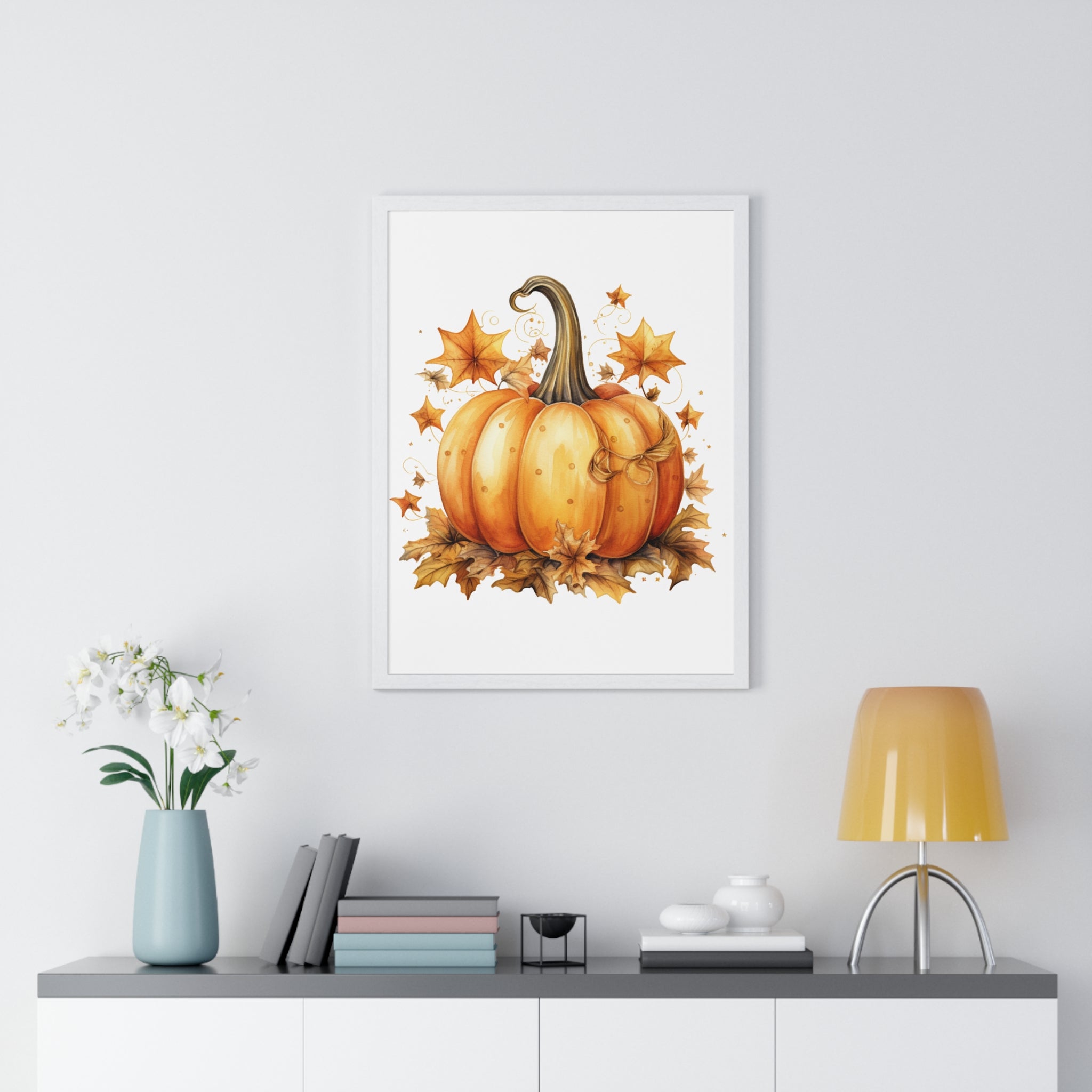 Decorative Autumn Pumpkin Wall Art – Bow-Tied Harvest Poster with Leaves & Swirls | Wooden Frame Fall Decor
