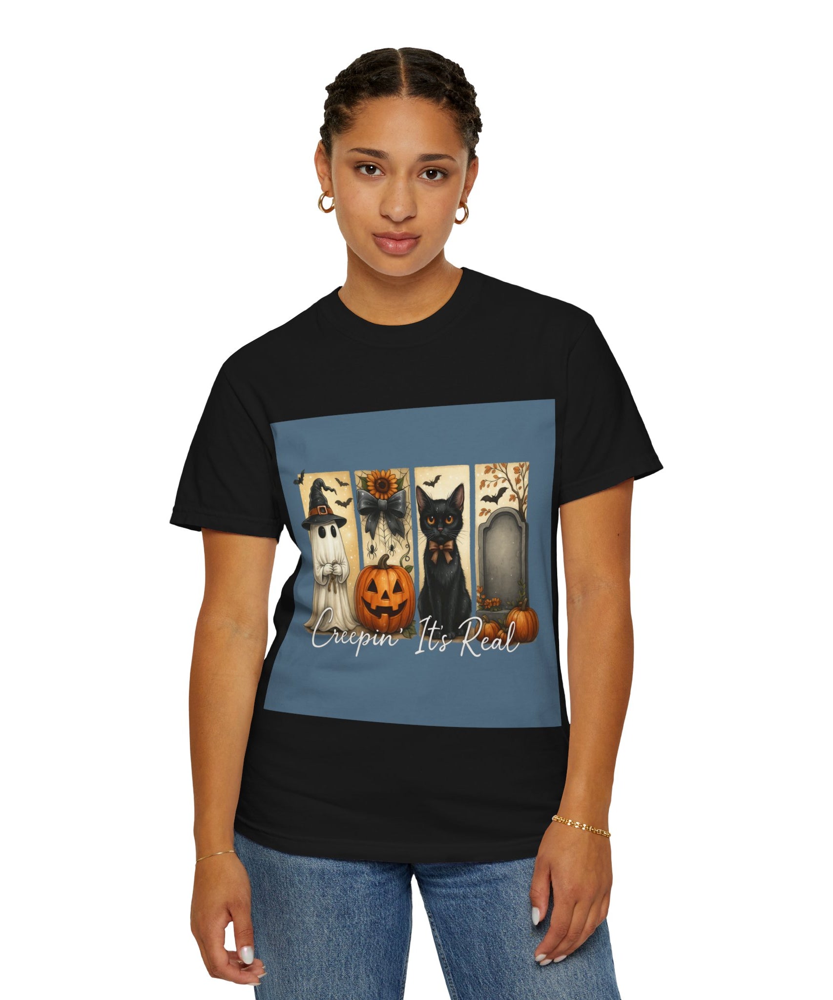 Creepin’ It’s Real Halloween T-Shirt – Cute Ghost, Pumpkin, Black Cat & Tombstone Design - Gallory Hive