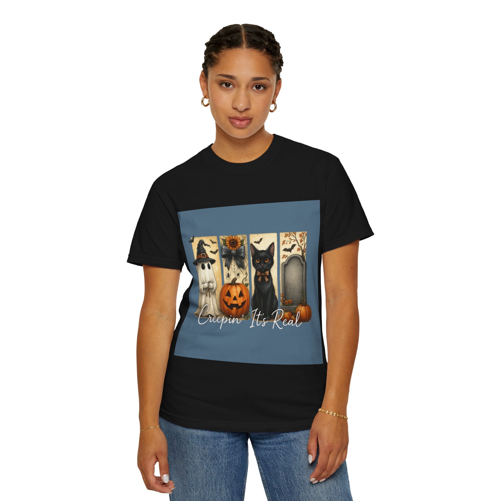 Creepin’ It’s Real Halloween T-Shirt – Cute Ghost, Pumpkin, Black Cat & Tombstone Design