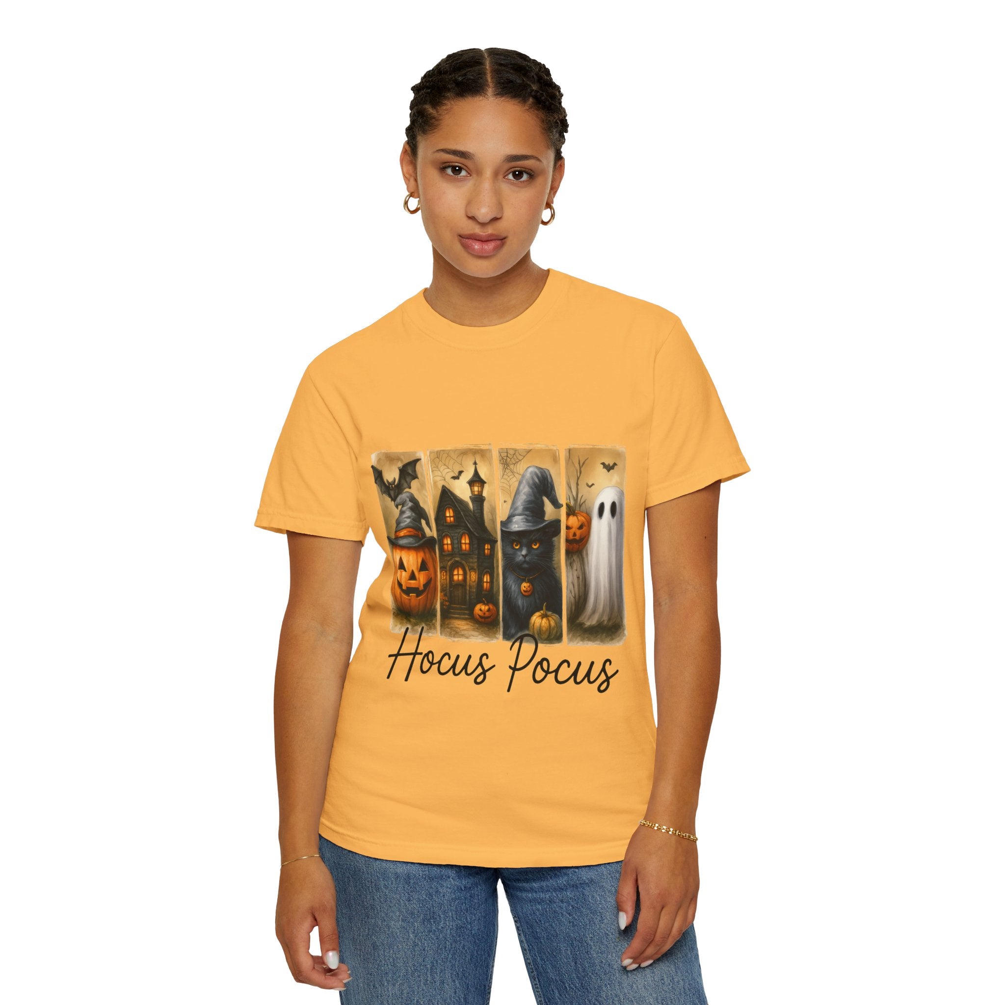 Hocus Pocus Halloween Unisex T-Shirt – Witchy Cat, Haunted House, Pumpkin & Ghost Art