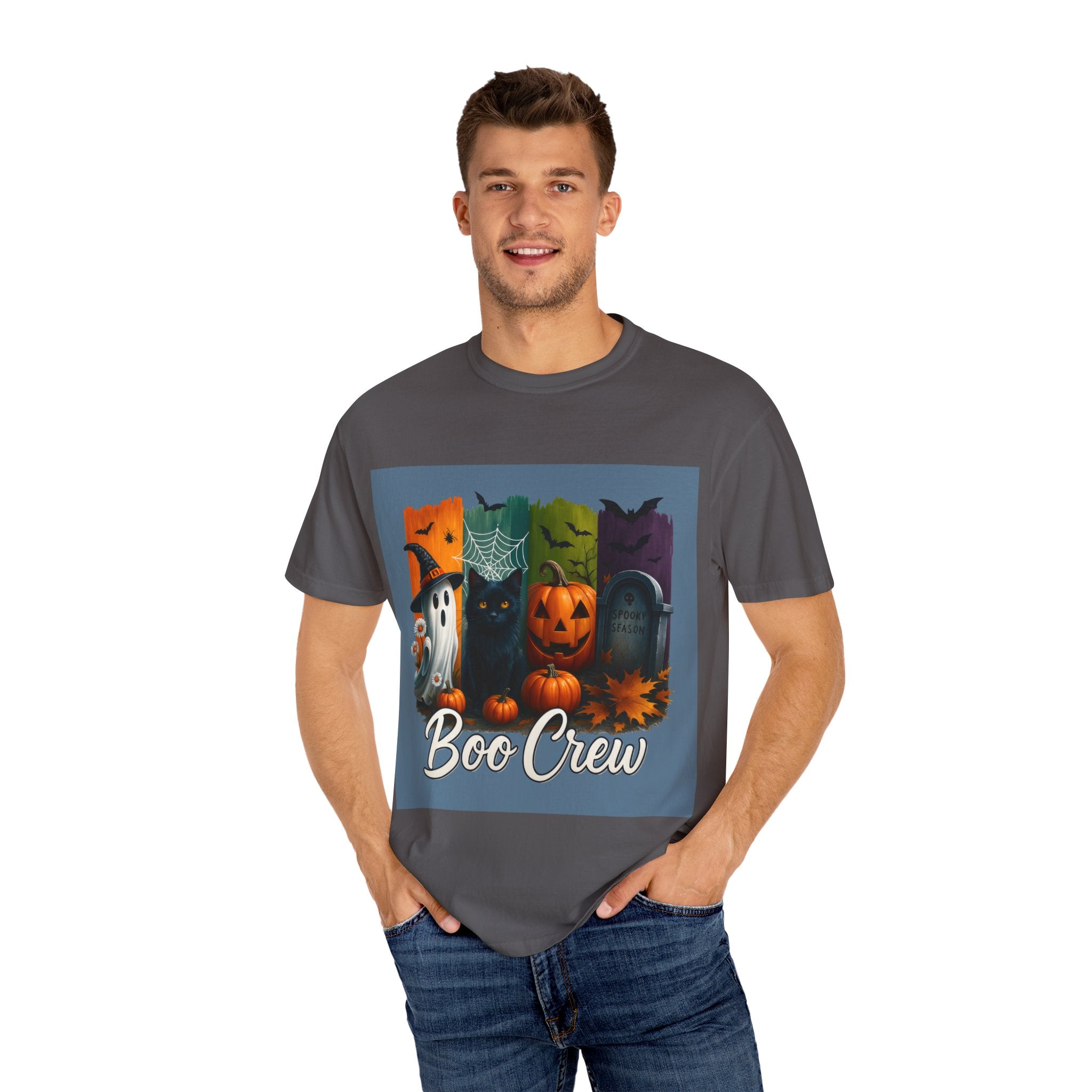 Boo Crew Halloween Unisex T-Shirt – Cute Ghost, Black Cat, Pumpkin & Tombstone Design
