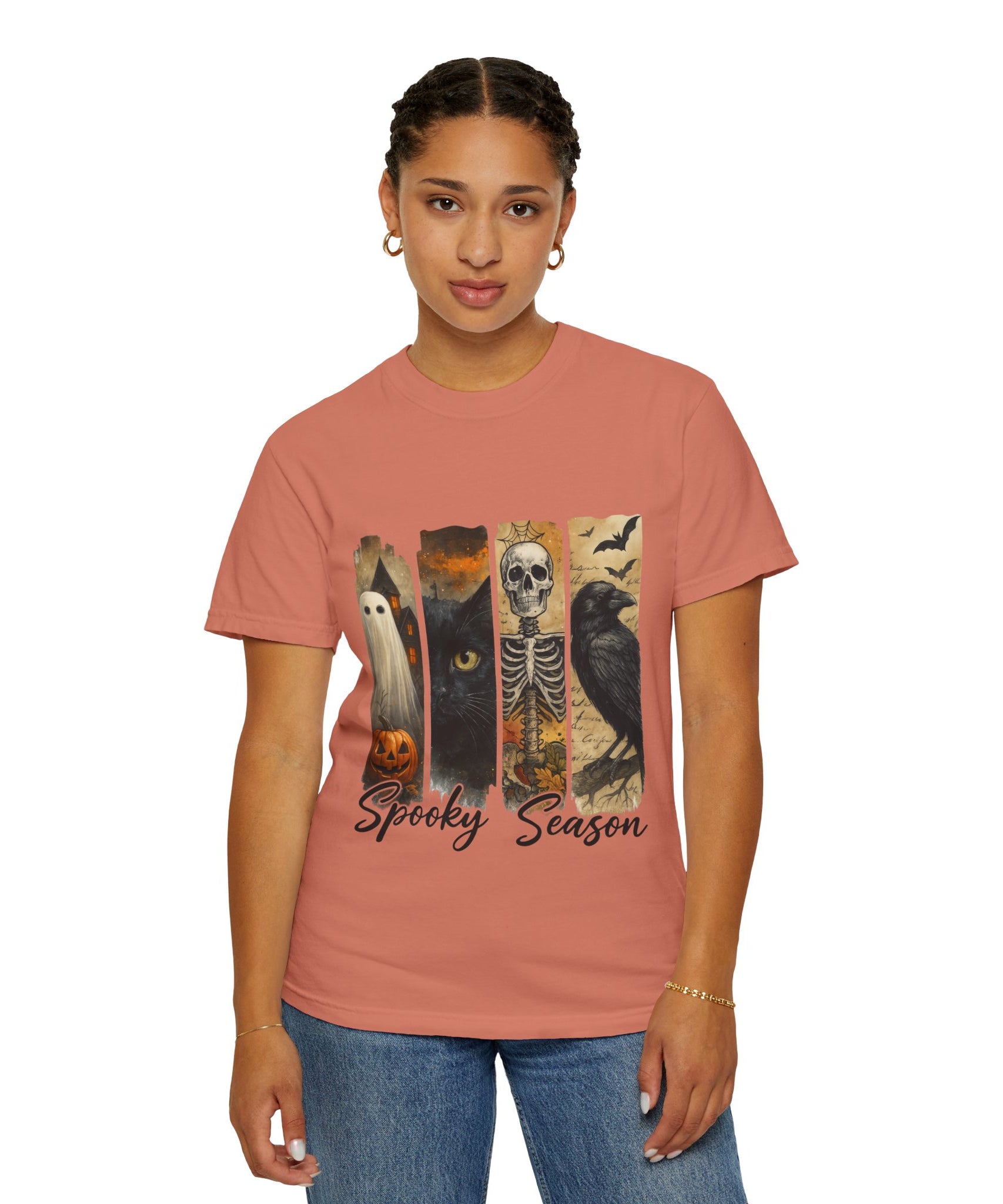 Spooky Season Gothic Halloween T-Shirt – Ghost, Black Cat, Skeleton & Raven Design - Gallory Hive
