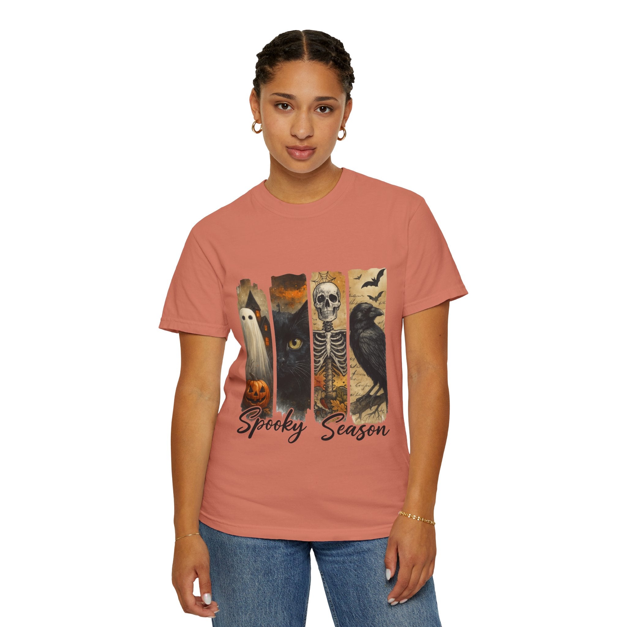 Spooky Season Gothic Halloween T-Shirt – Ghost, Black Cat, Skeleton & Raven Design