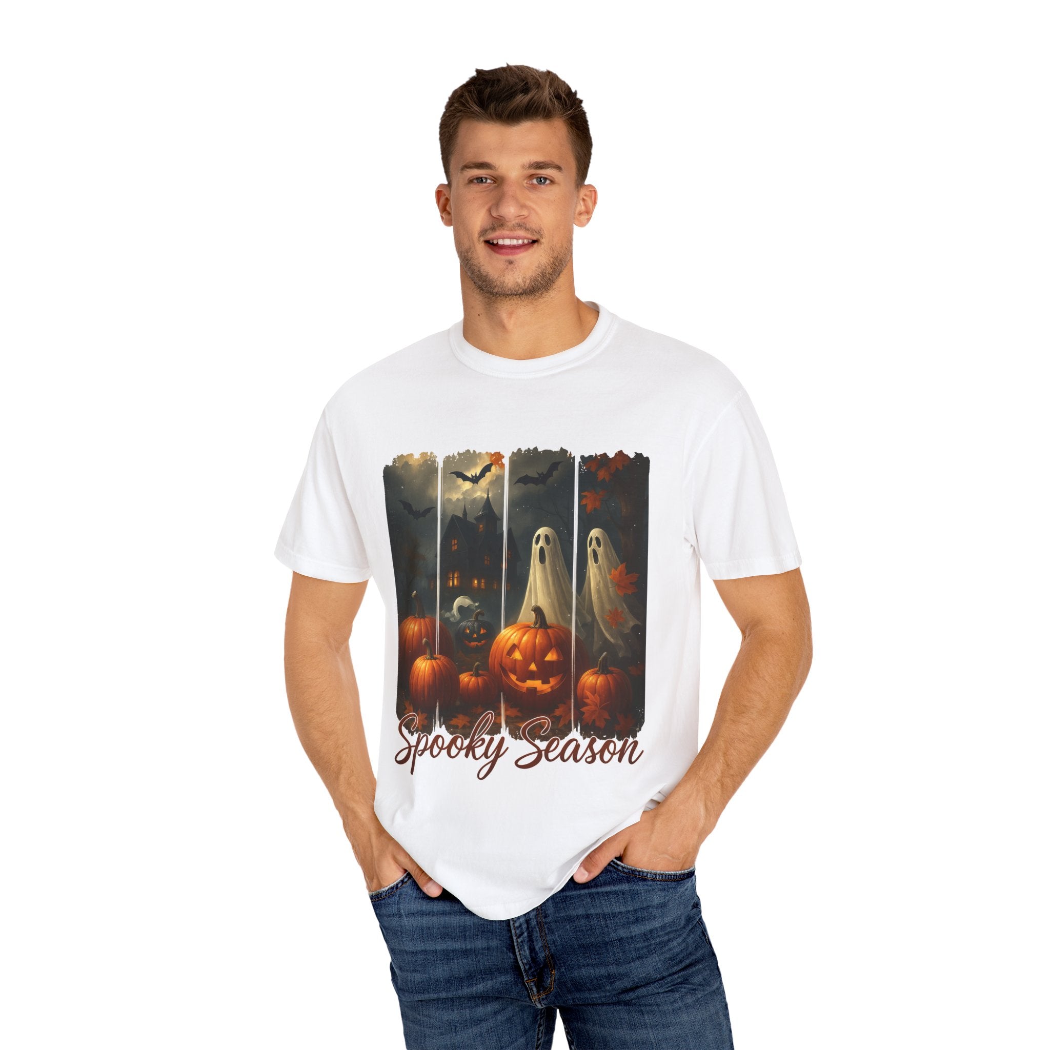 Spooky Season Unisex Halloween T-Shirt – Haunted House, Pumpkins & Ghosts Fall Design
