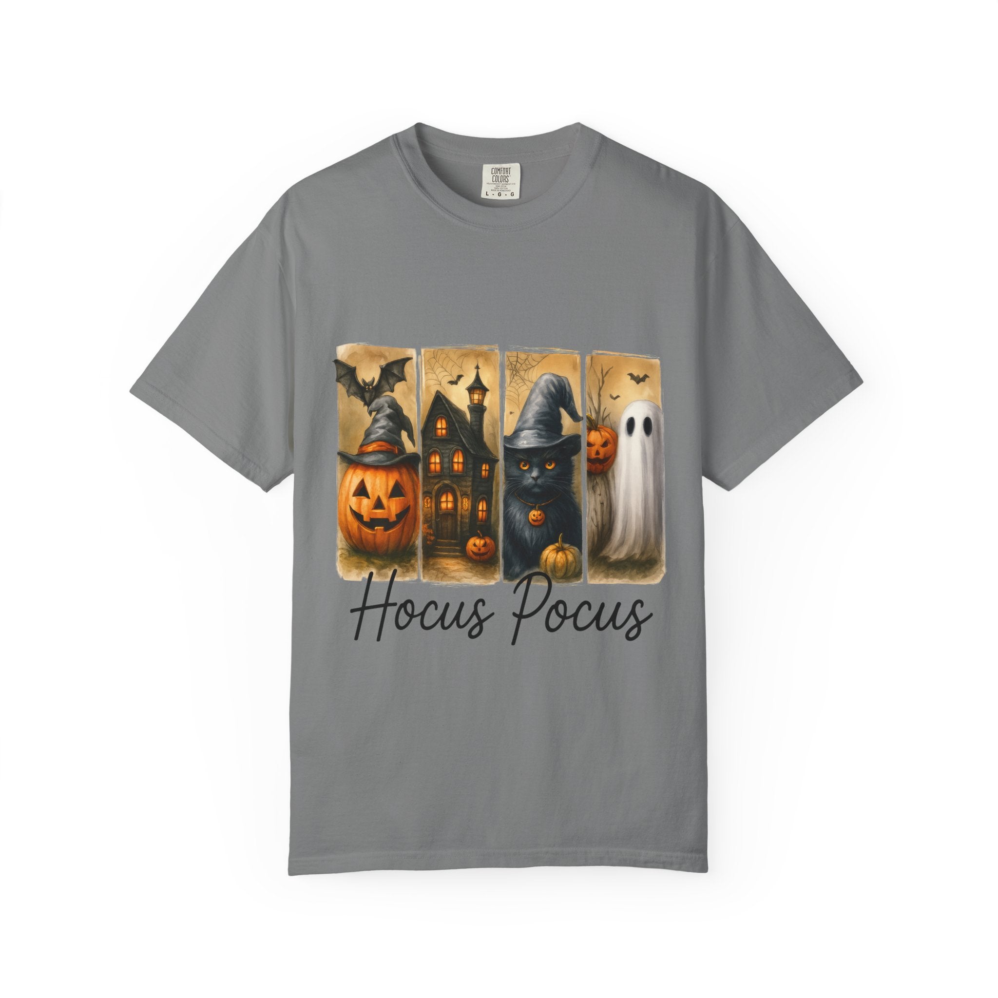 Hocus Pocus Halloween Unisex T-Shirt – Witchy Cat, Haunted House, Pumpkin & Ghost Art