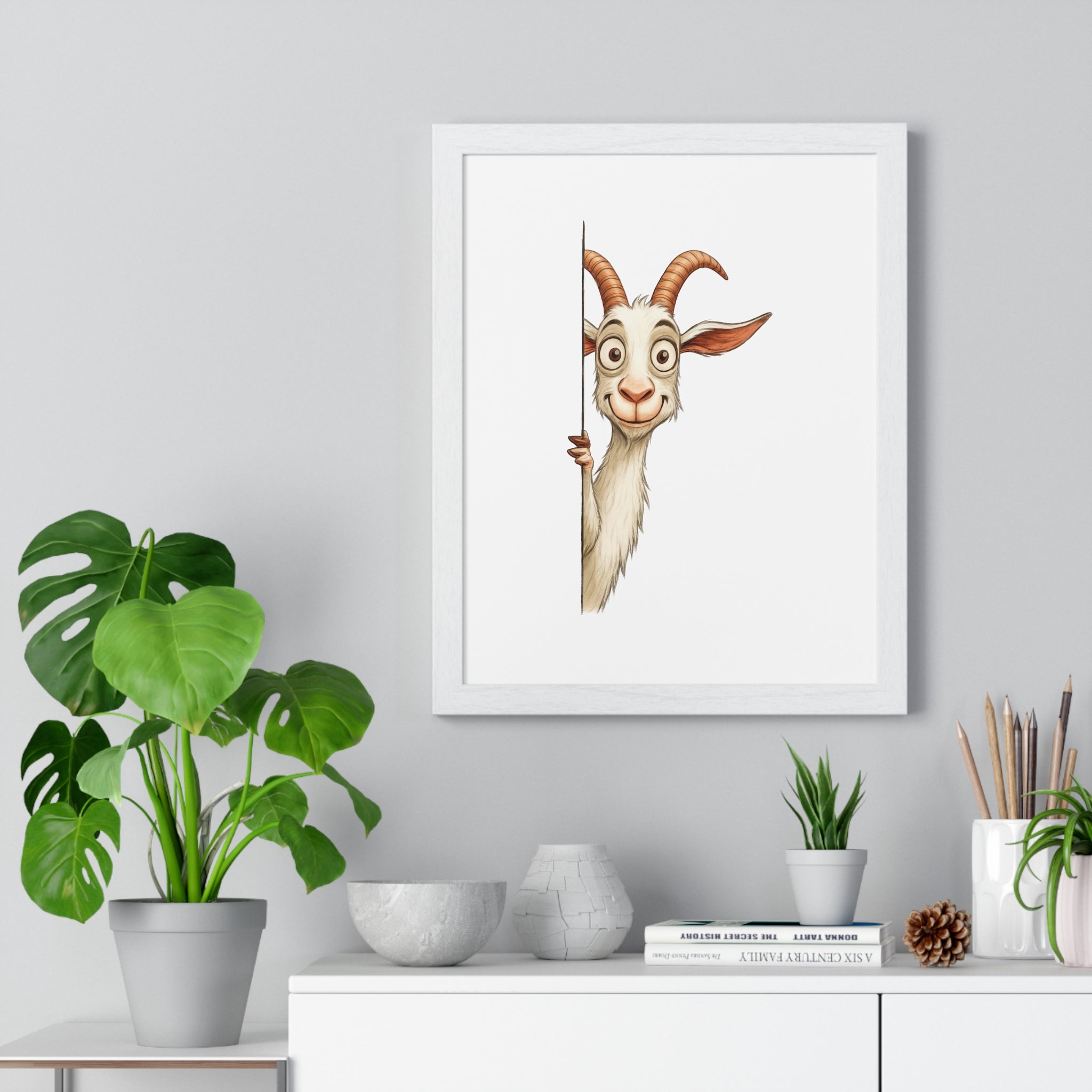 Wooden Frame Wall Decor with Goofy Goat Print