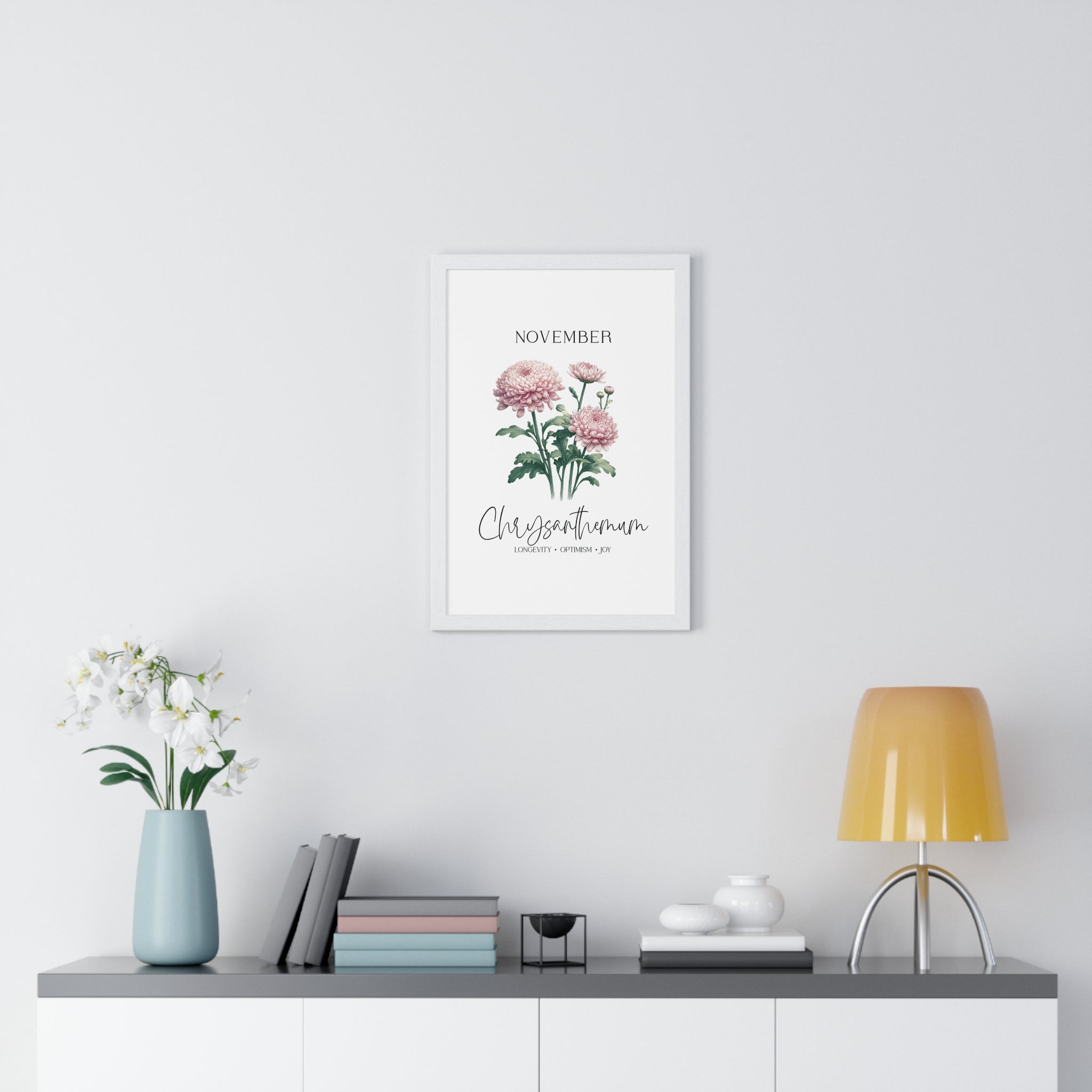 November Birth Month Flower Wall Art – Chrysanthemum Illustration in Wooden Frame | Longevity, Optimism & Joy