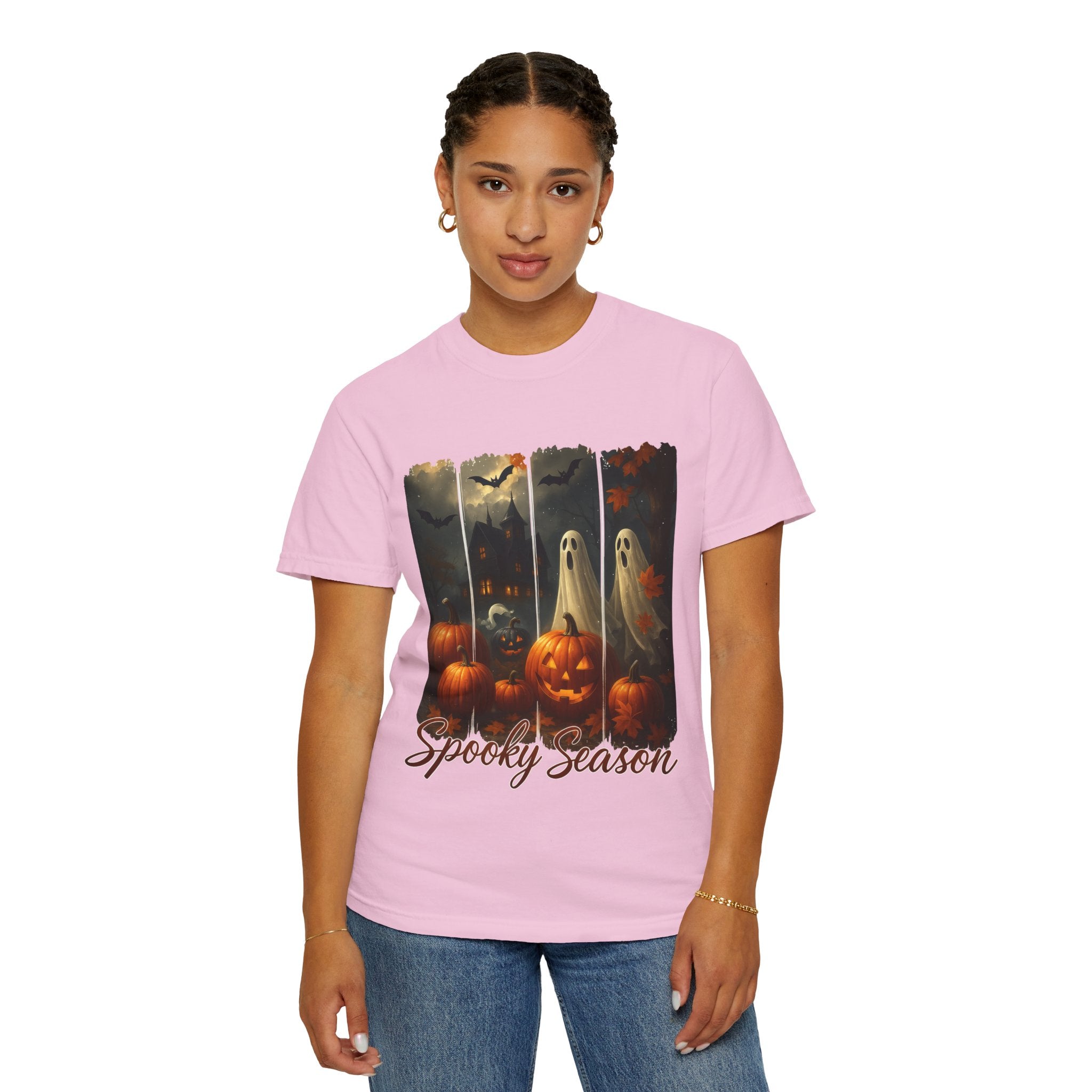 Spooky Season Unisex Halloween T-Shirt – Haunted House, Pumpkins & Ghosts Fall Design