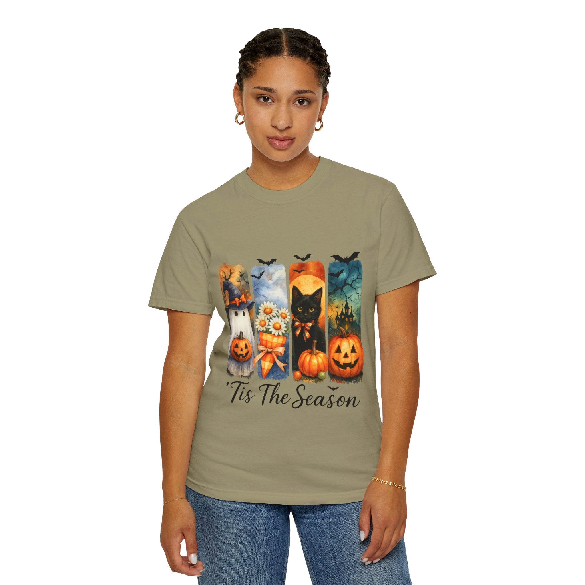 Whimsical Halloween T-Shirt – Ghost, Black Cat, Pumpkins & Haunted House Design