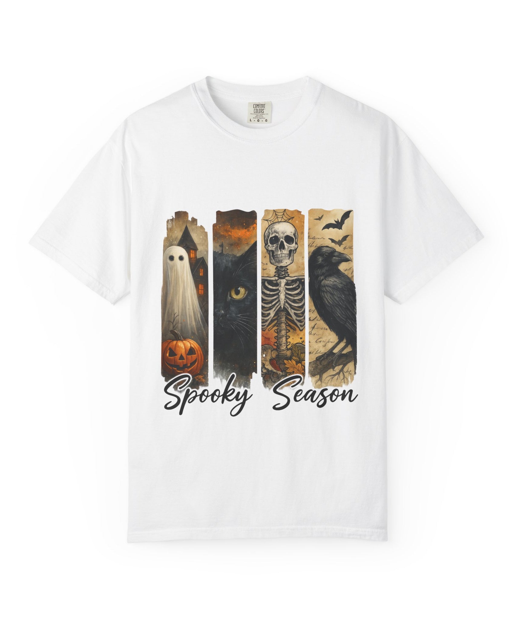 Spooky Season Gothic Halloween T-Shirt – Ghost, Black Cat, Skeleton & Raven Design - Gallory Hive
