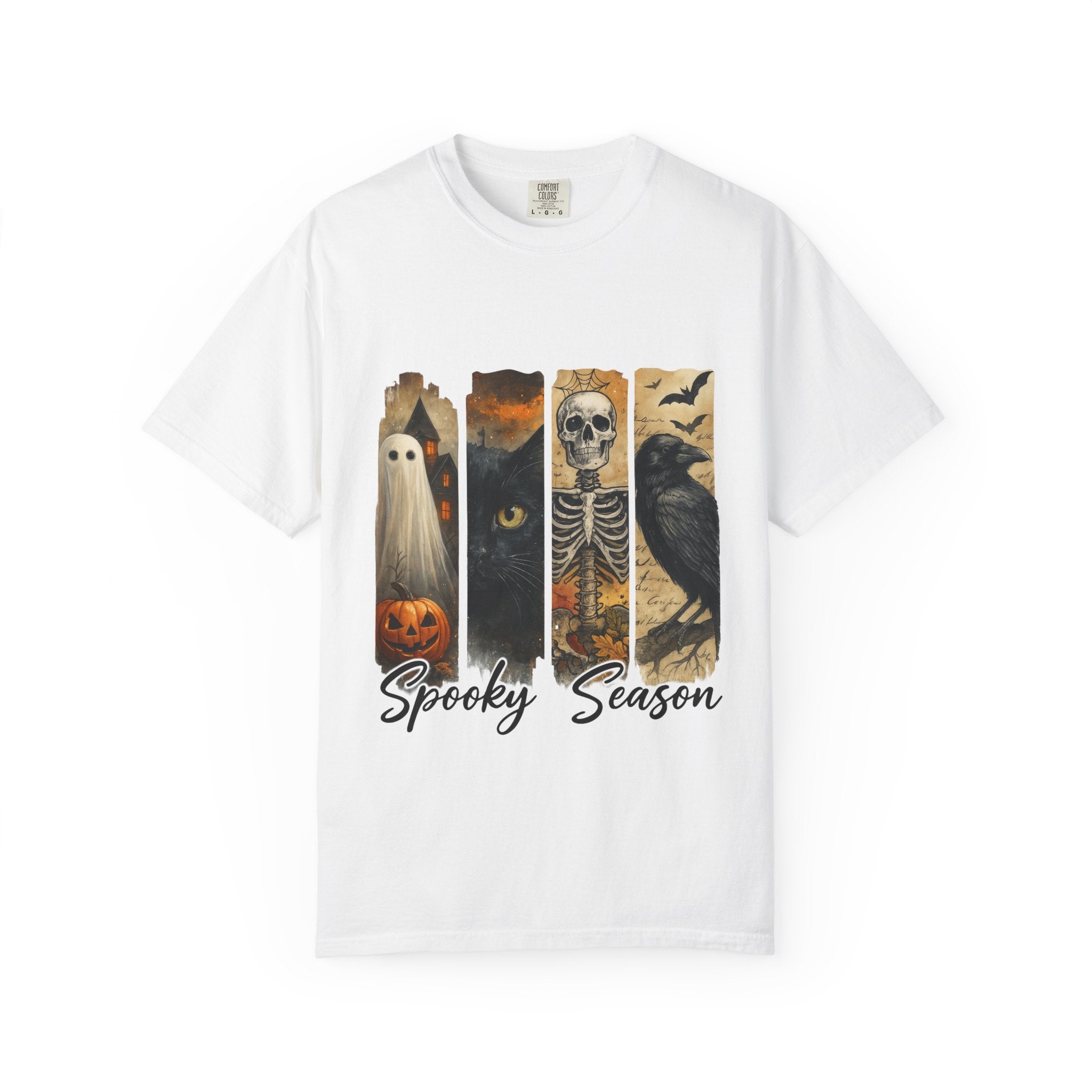 Spooky Season Gothic Halloween T-Shirt – Ghost, Black Cat, Skeleton & Raven Design